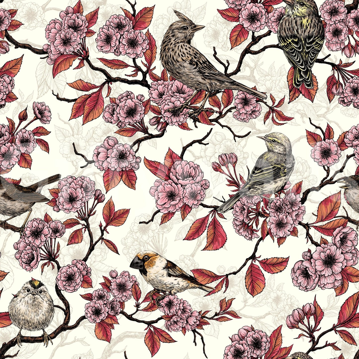 Birds and cherry blossom on ivory Wallpaper