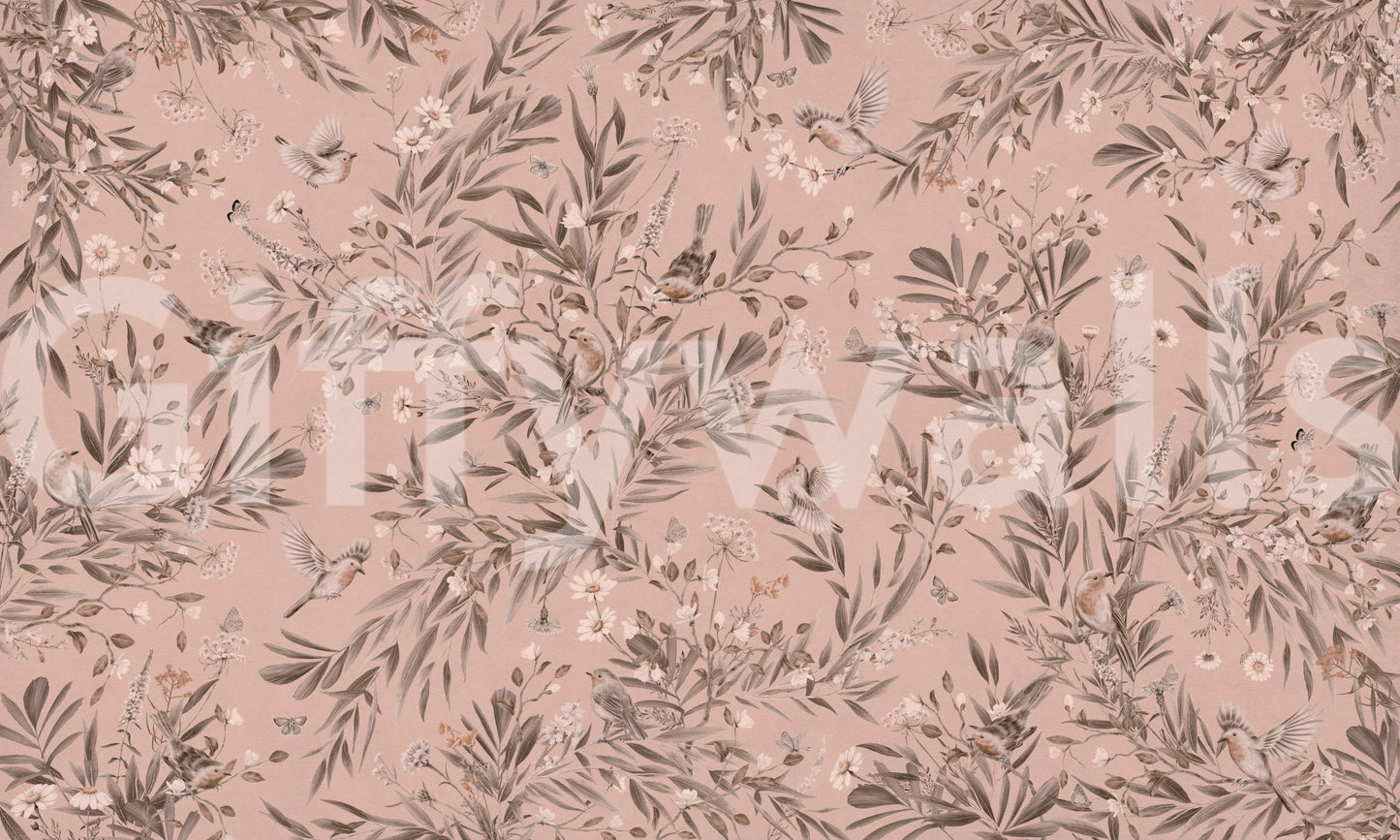 Birds & Botanicals wallpaper mural close-up showing songbirds, taupe foliage and small flowers on a blush pink background