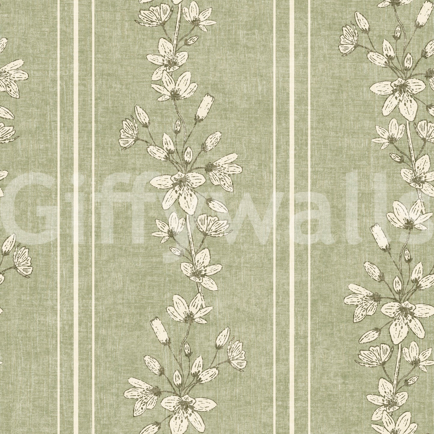 Bloom Stripes Floral Sage Green wallpaper shown full-wall with cream wildflower vines climbing over sage stripes