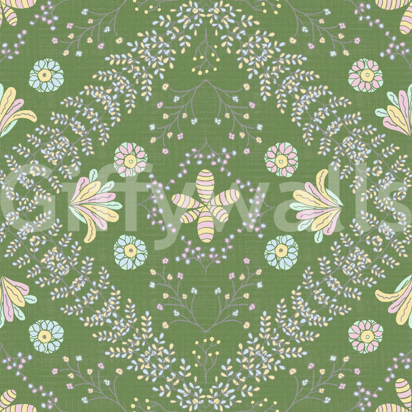 botanical motifs on a green background