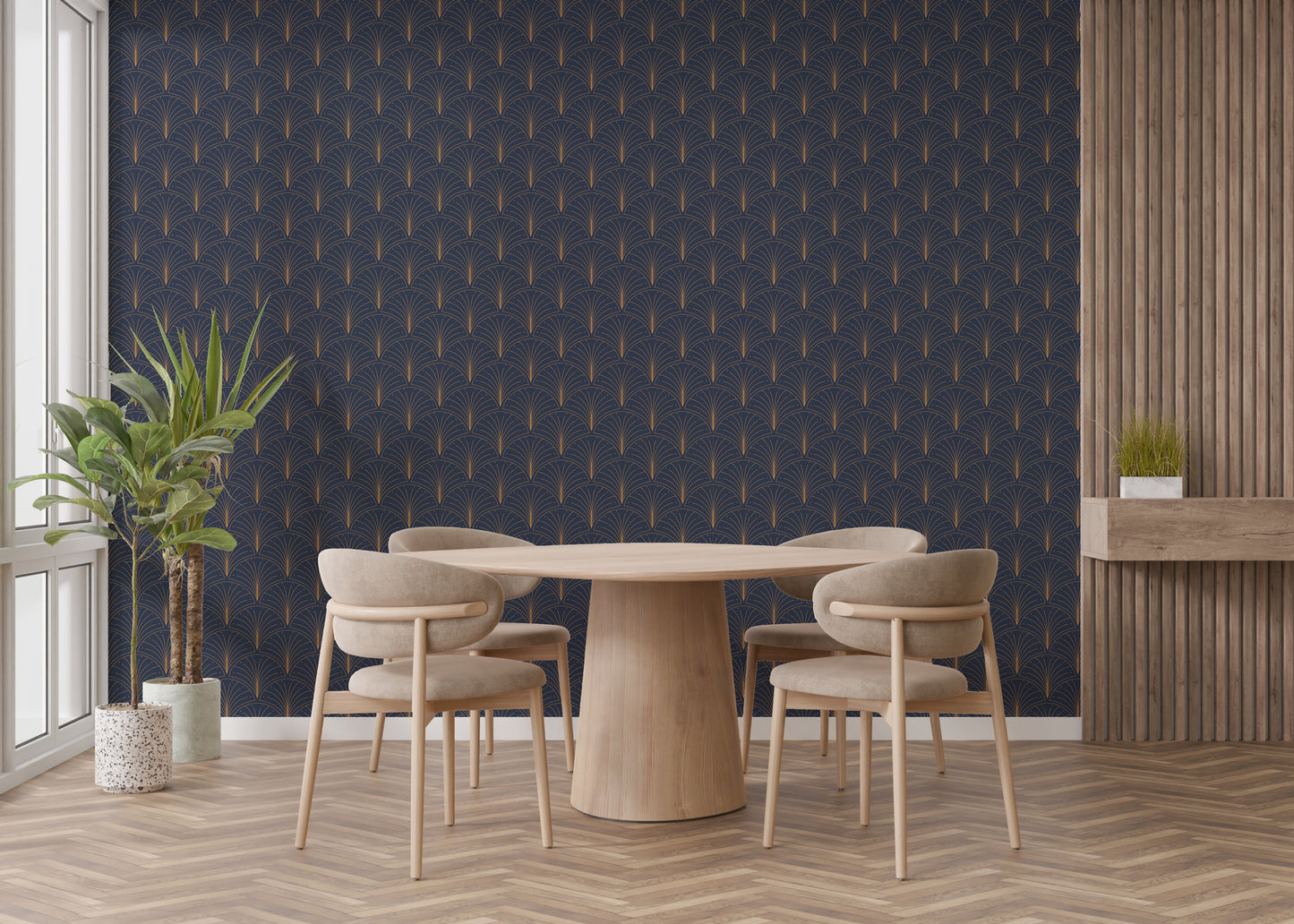 Sophisticated blue wallpaper with gold