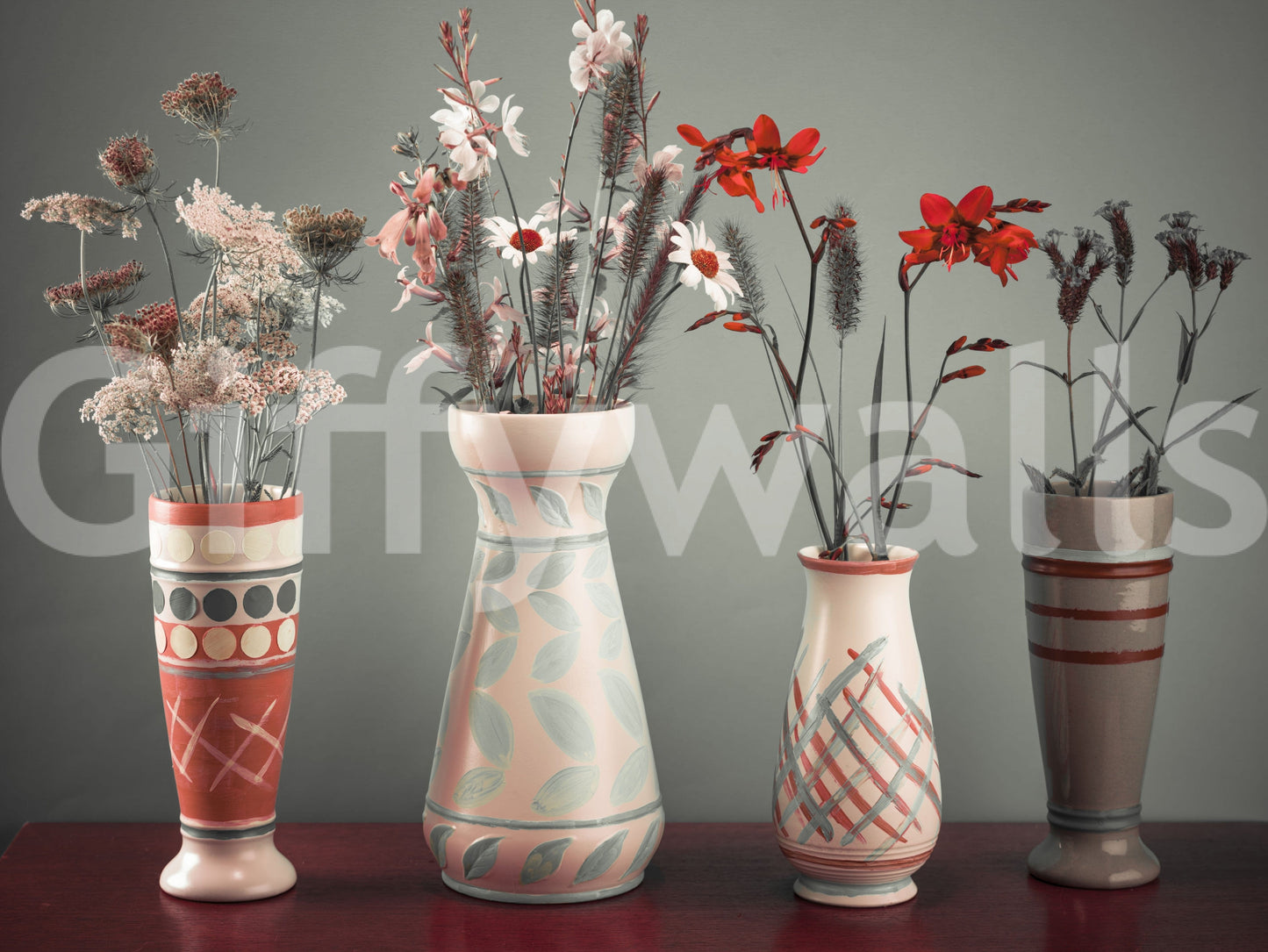 Decorative vases on rich wood wallpaper stunning Bohemian art.