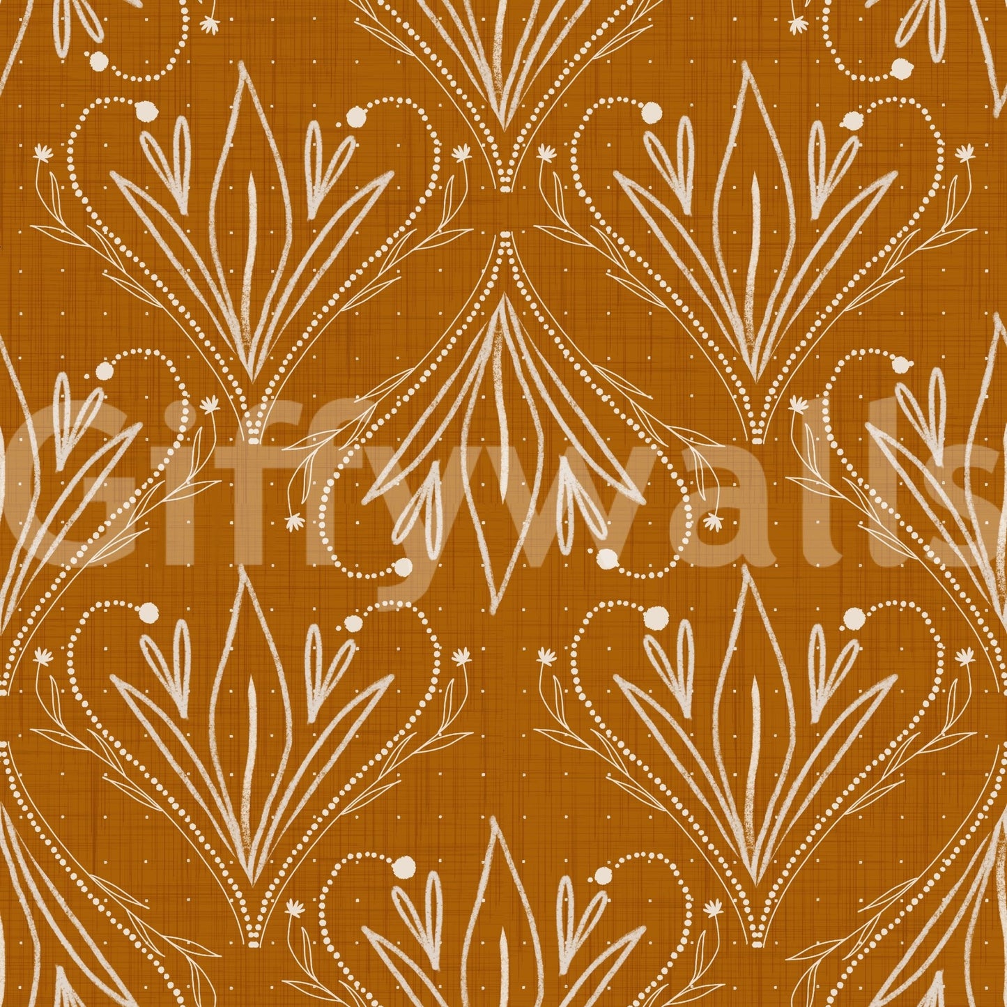 Boho Art Nouveau Folk Floral Mustard Gold wallpaper close-up showing cream hand-drawn folk floral motifs