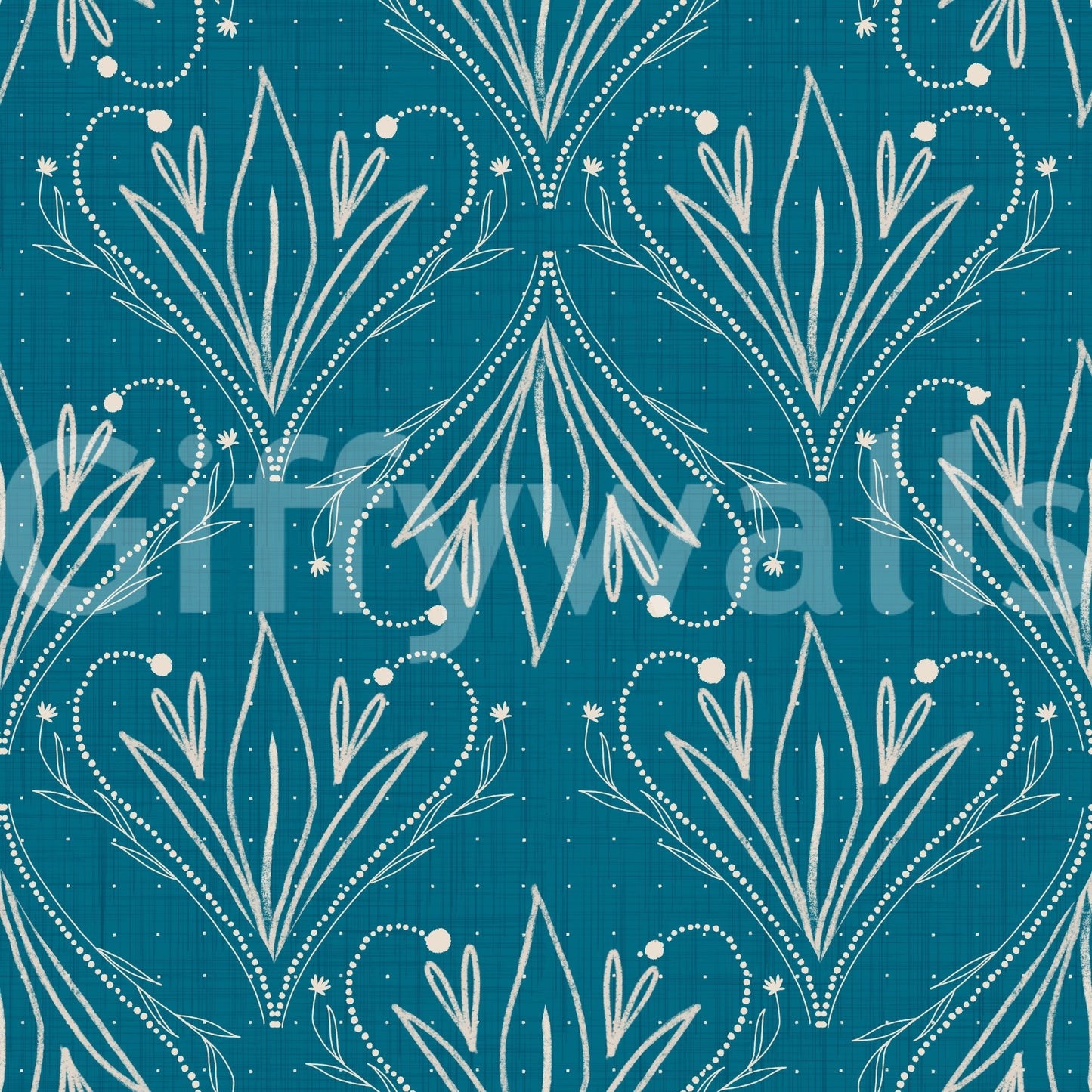 Boho Art Nouveau Folk Floral Teal Blue wallpaper close-up showing cream hand-drawn folk floral motifs