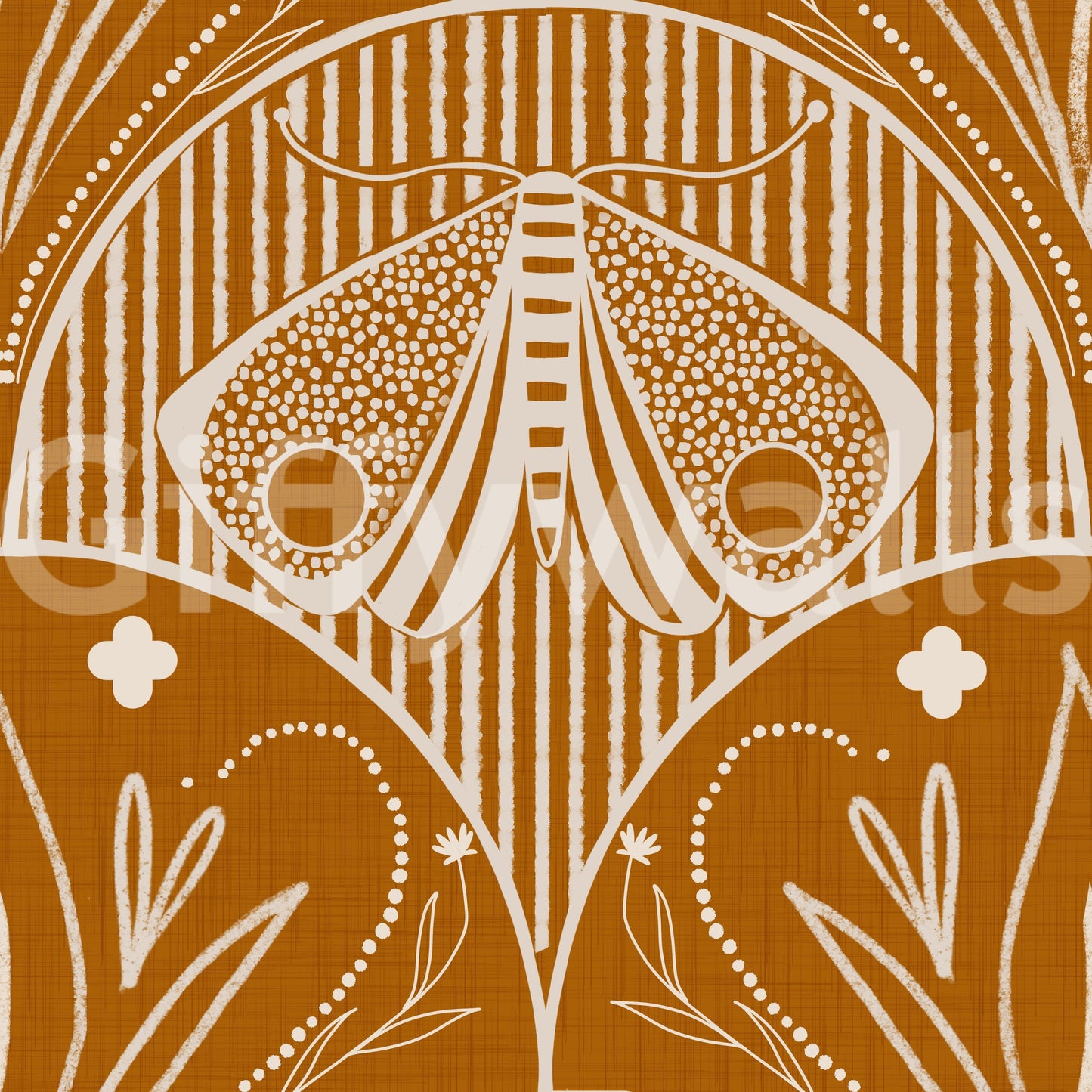 Boho Art Nouveau Scallop Butterfly Floral in Burnt Orange Wallpaper