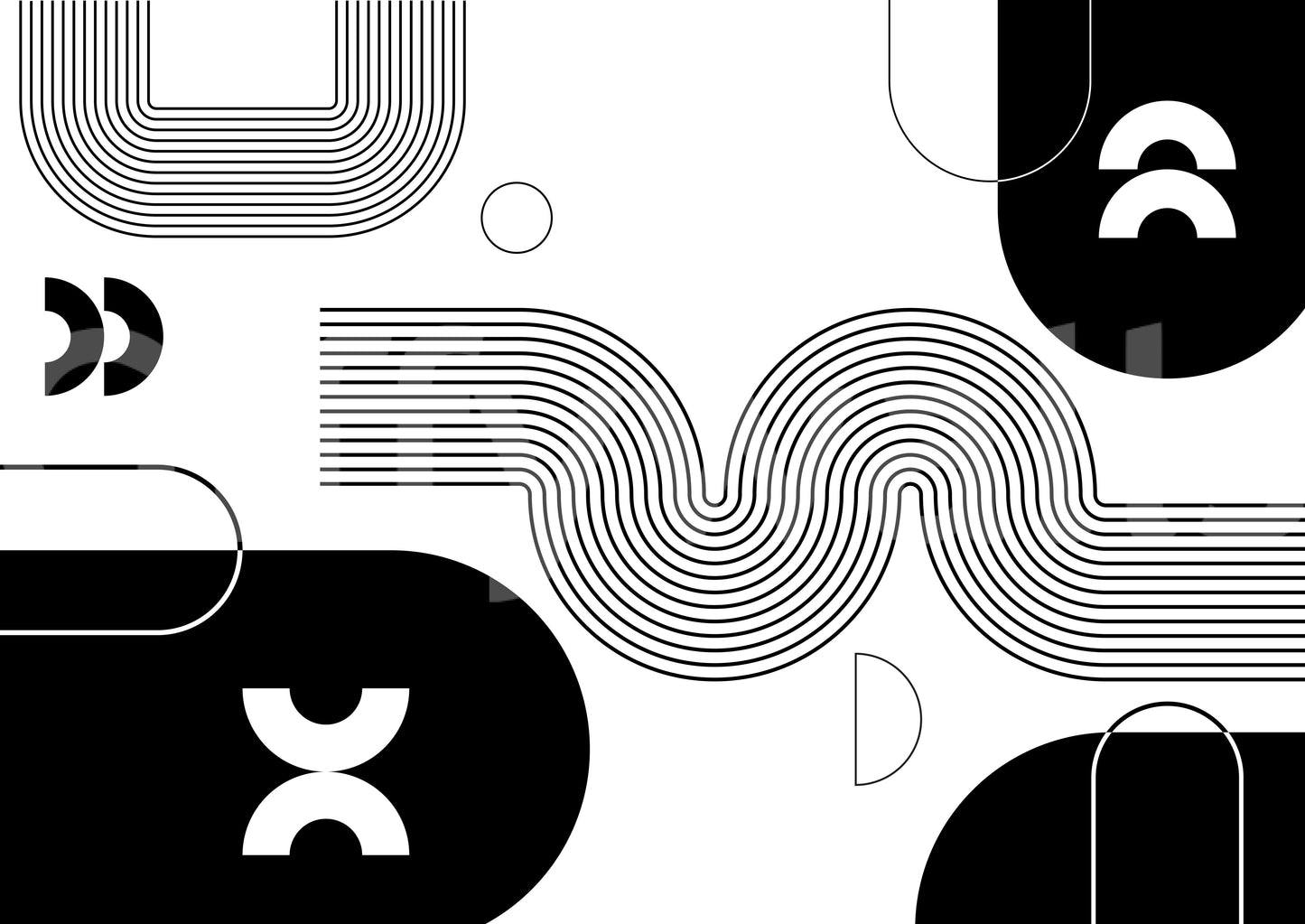 Bold Minimalist Flow wall mural close-up showing black and white wavy lines, arches and half-circle shapes