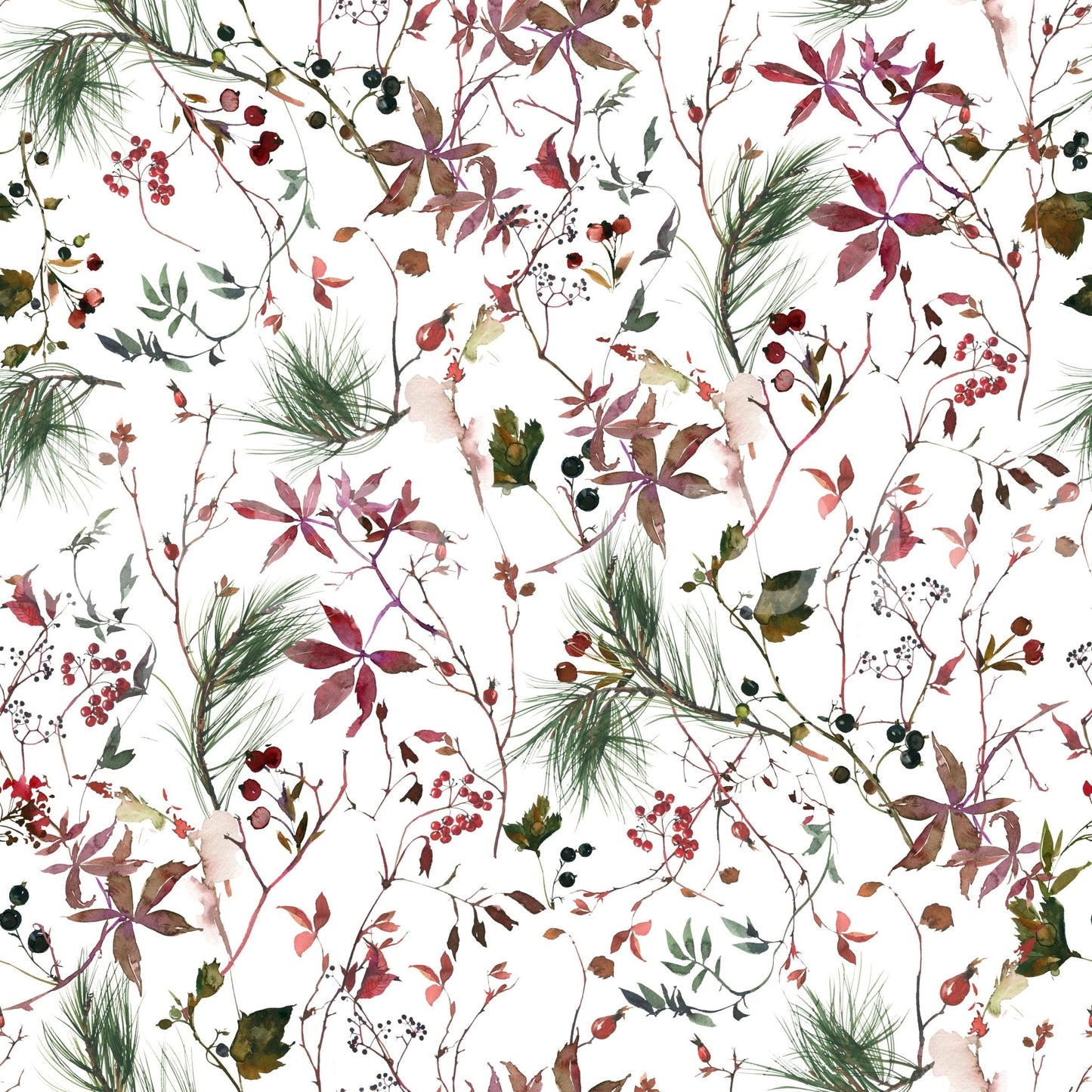 Botanical Winter wallpaper close-up showing burgundy leaves, berries and pine sprigs on a white background