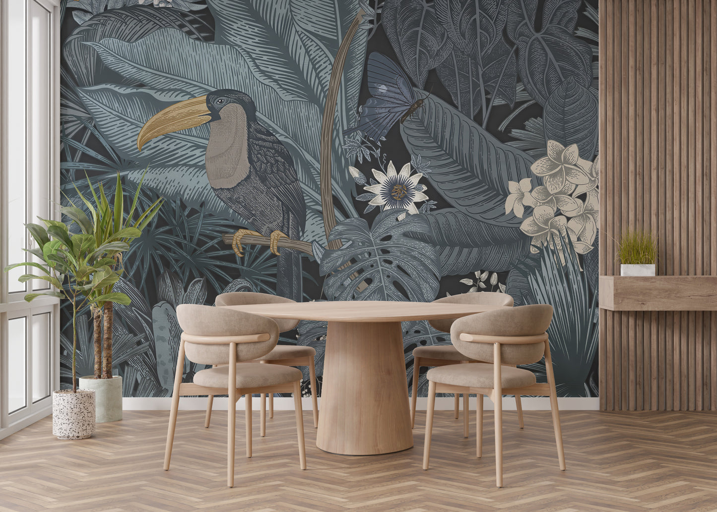 Tropical Toucan wall mural featuring a toucan in dark jungle foliage behind a round dining table and beige chairs