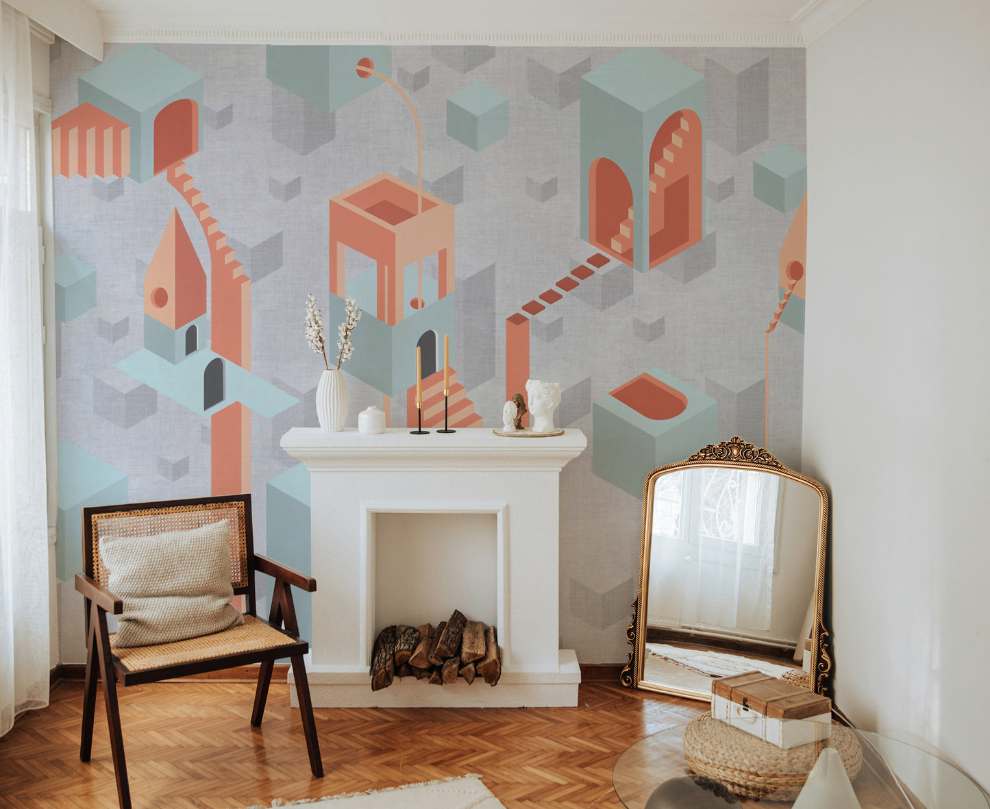 Dynamic Surreal Geometric Architecture Wallpaper with Shapes