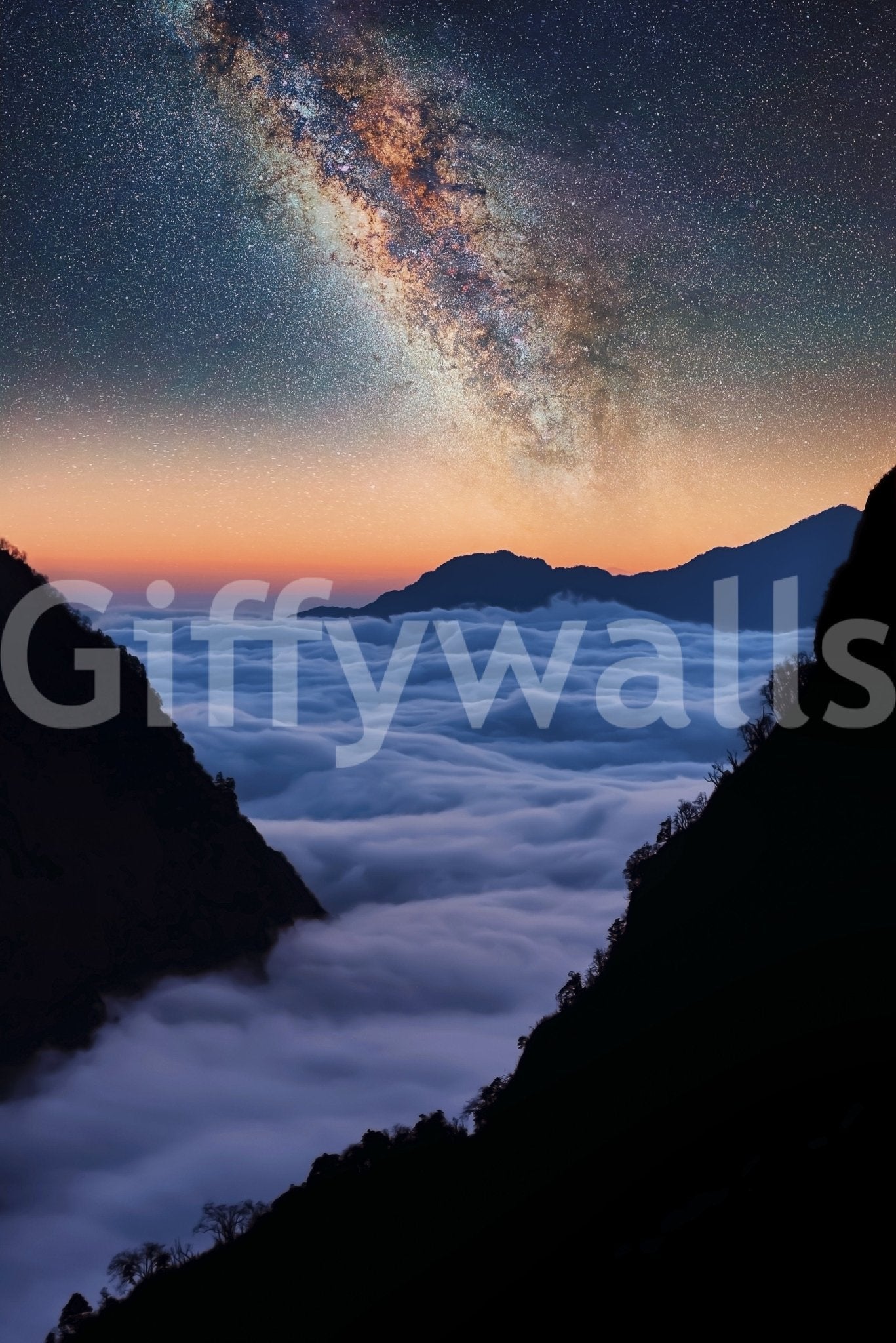 Wall mural with scenic mountains range, open sky, and gentle cloud wallpaper atmosphere