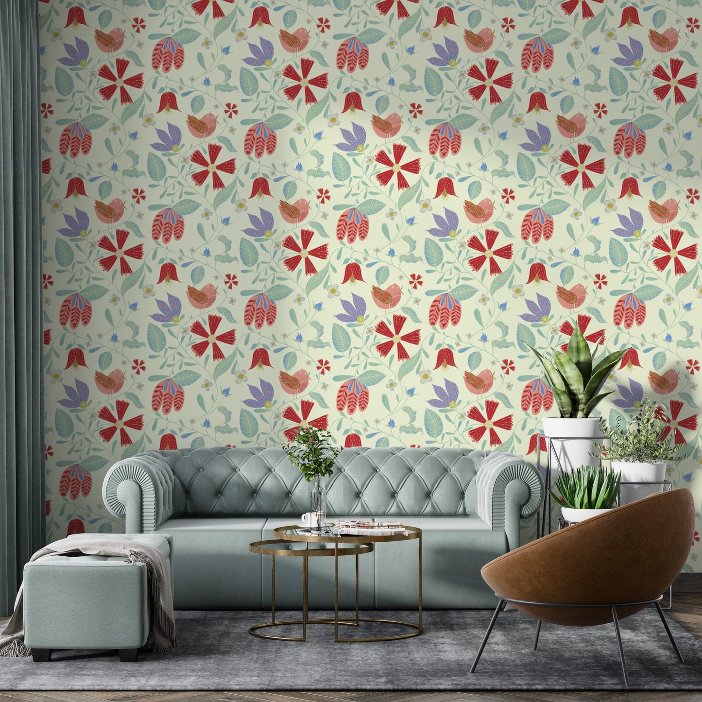 Decorative folksy birds wallpaper for unique and cozy spaces.