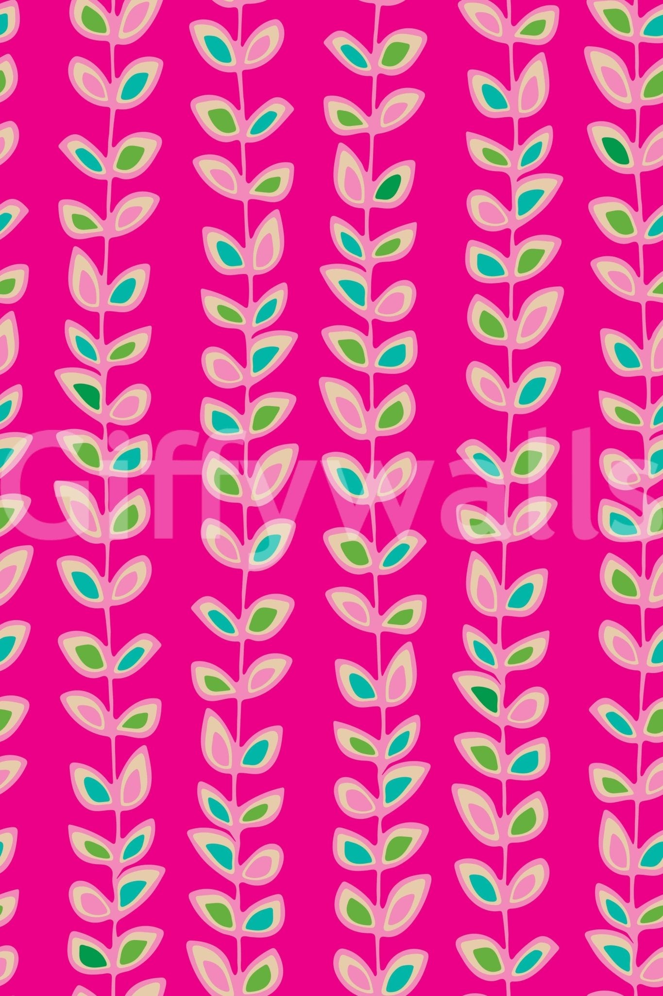 A vibrant wallpaper featuring repeated retro botanical vines set on a striking fuchsia base.