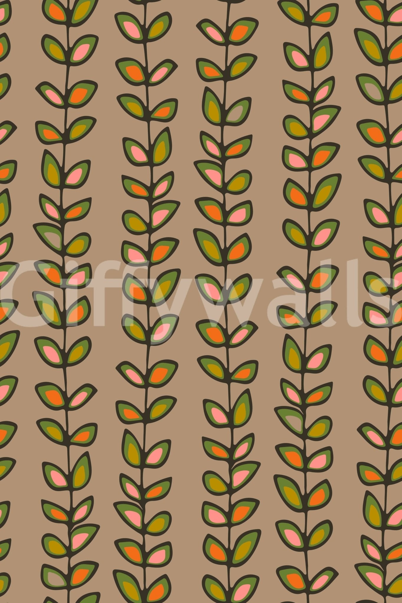 Warm beige wallpaper decorated with playful retro leaves arranged in tidy upward vine patterns.