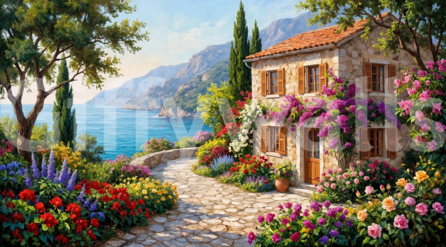 Coastal Cottage Bloom wallpaper mural shown close-up, a stone seaside cottage with bougainvillea above a blue bay