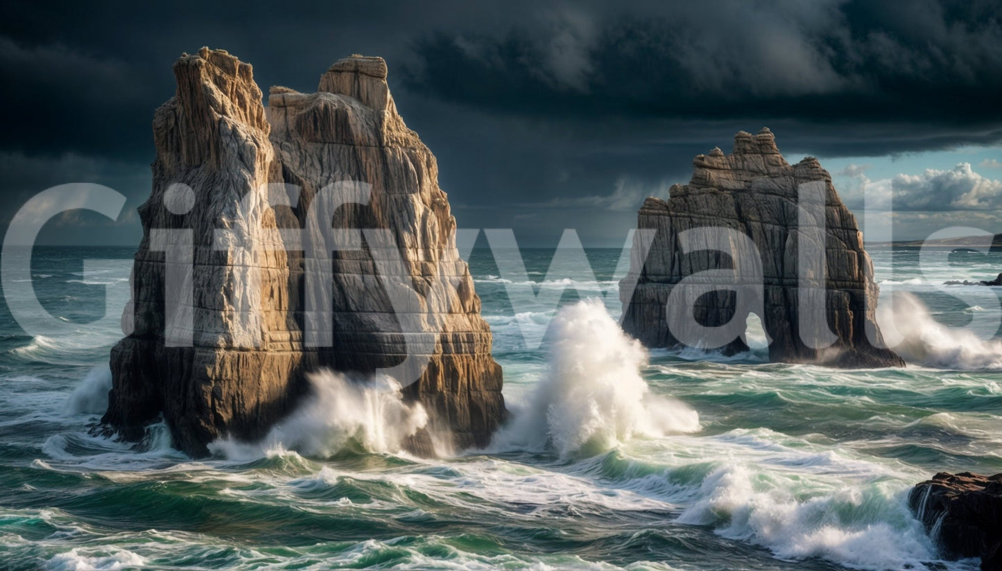 Coastal Giants wallpaper mural shown as a full-wall stormy seascape of waves crashing on towering sea stacks