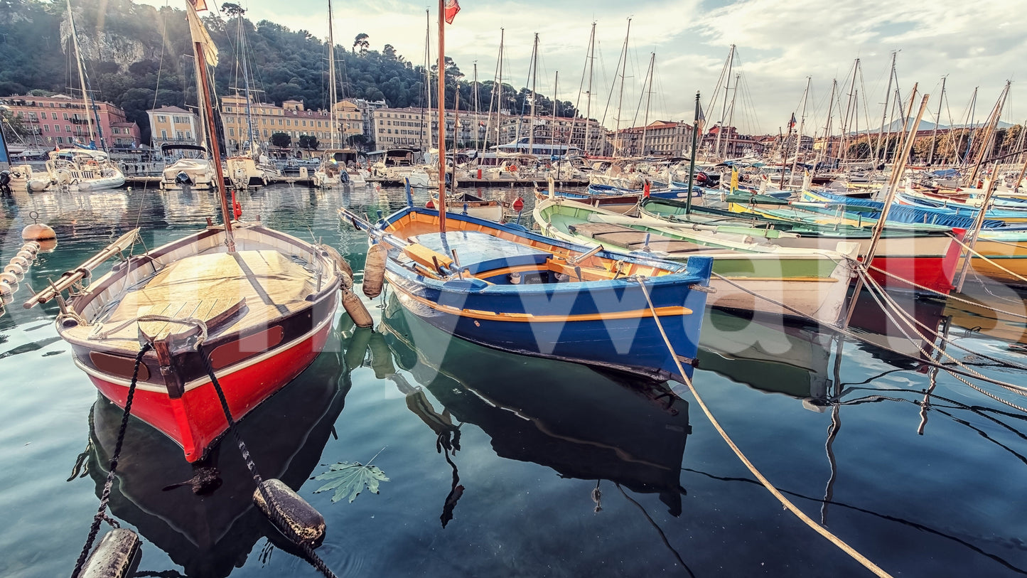 A calming serene harbor wallpaper mural that defines a space.