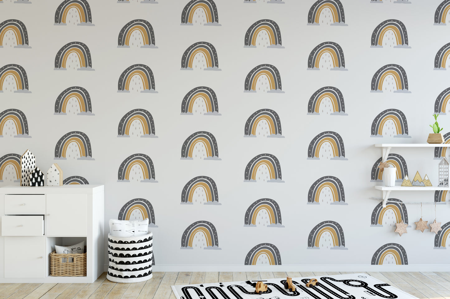 Joyful rainbows on soft nursery mural print