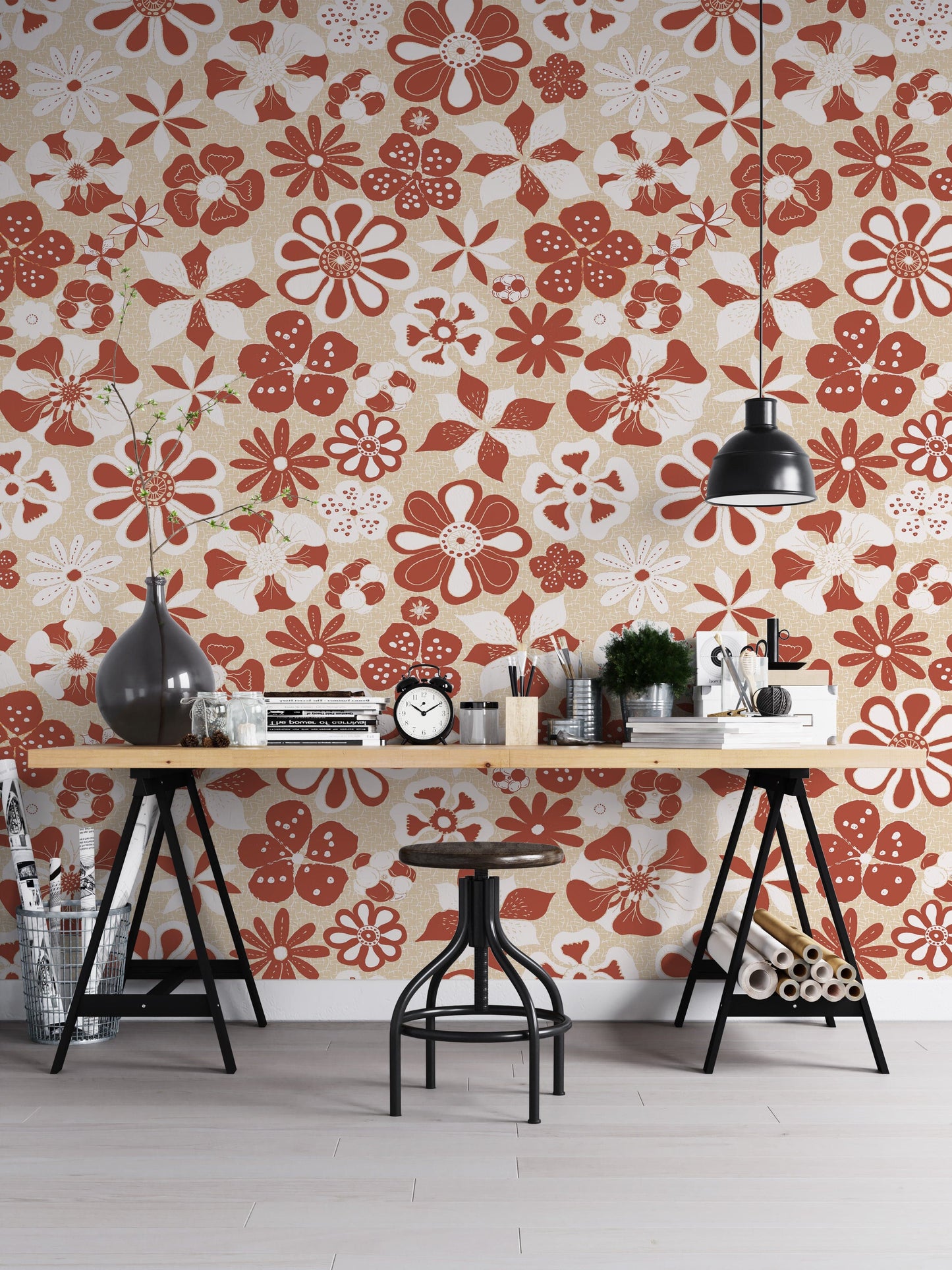 Bold cream flower wallpaper with artistic personality