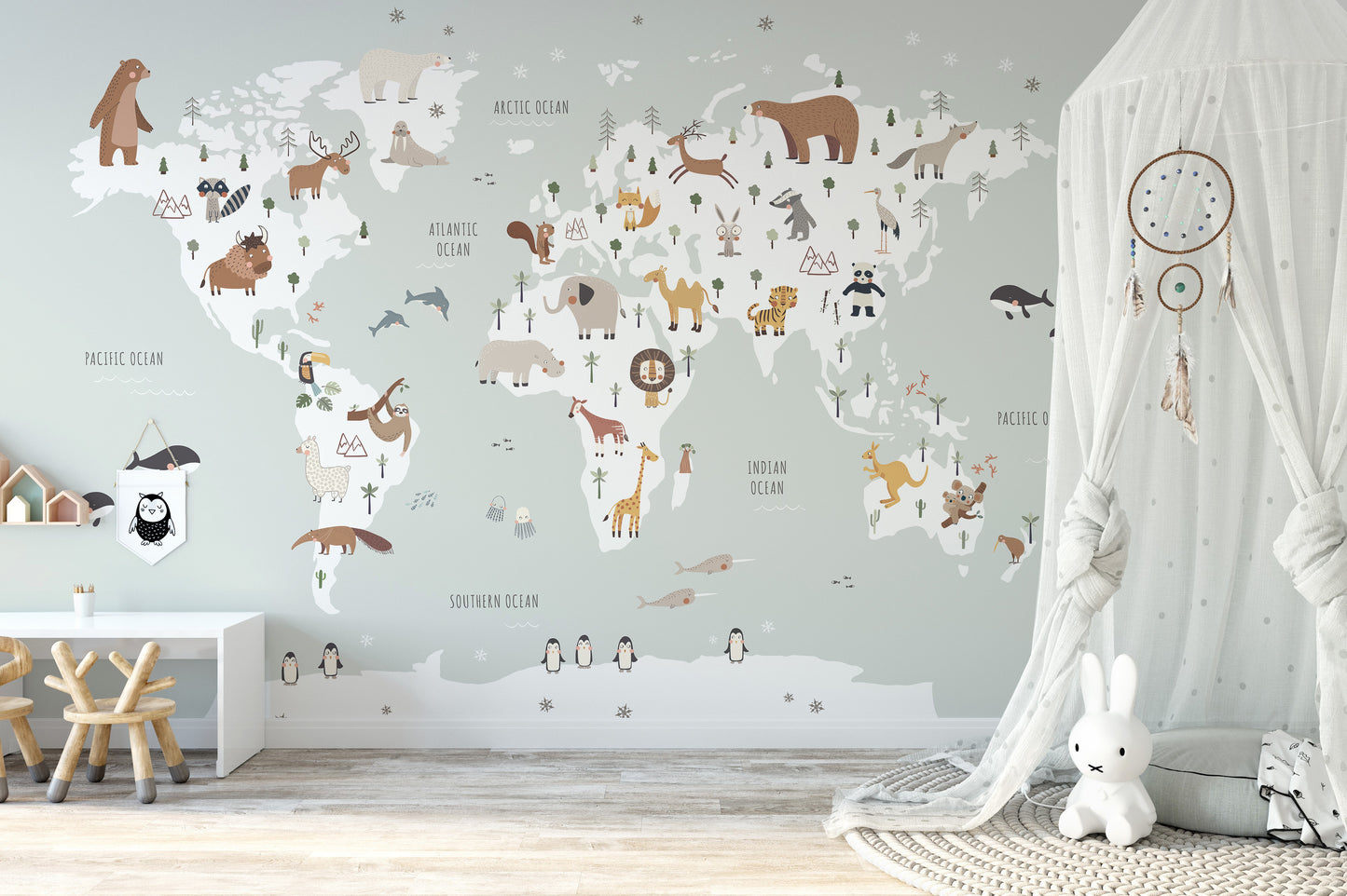 Kids wallpaper with colorful world map animals