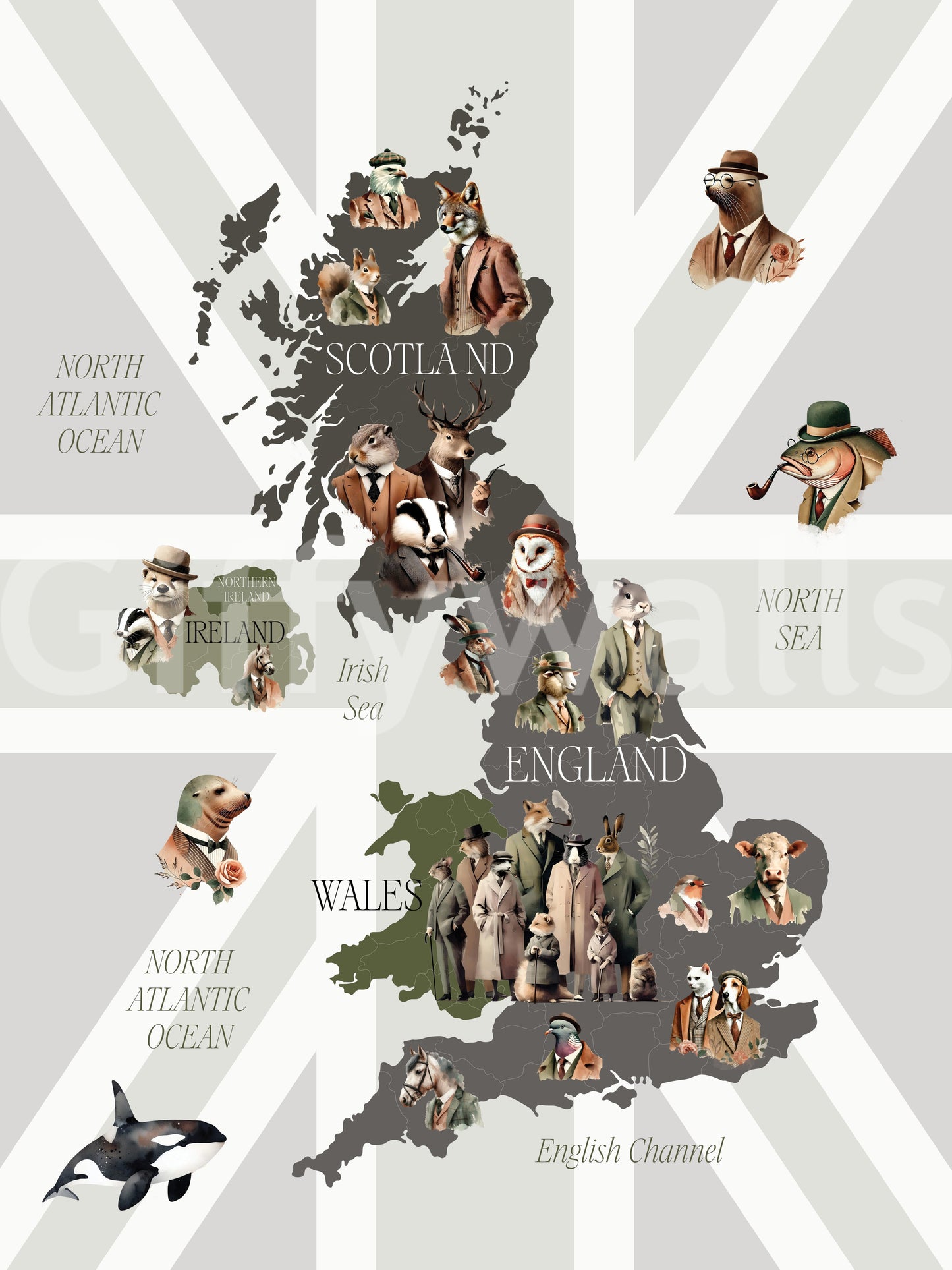 Dapper Creatures of Britain Wall Mural