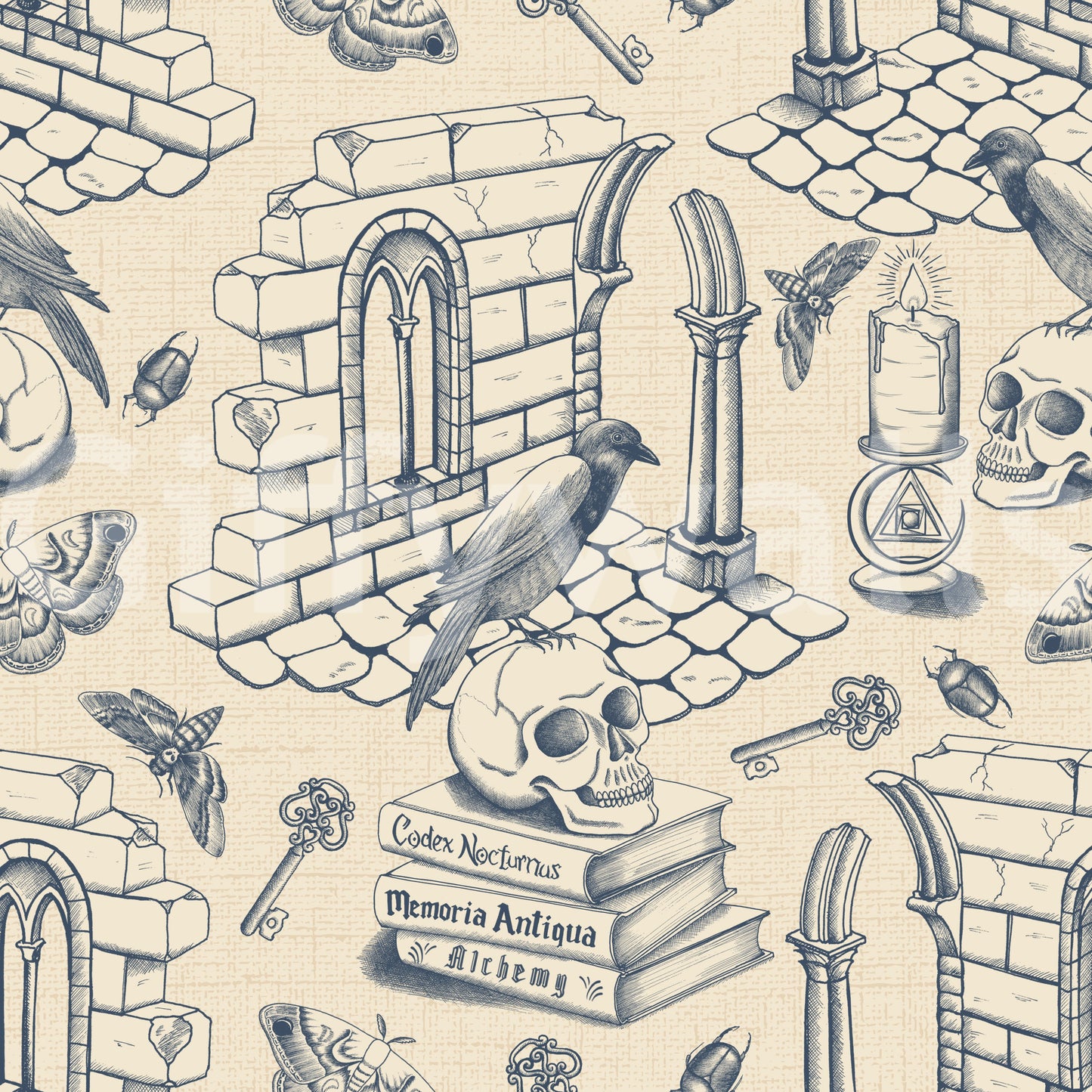 Mural wallpaper showing vintage vignettes in soft tones