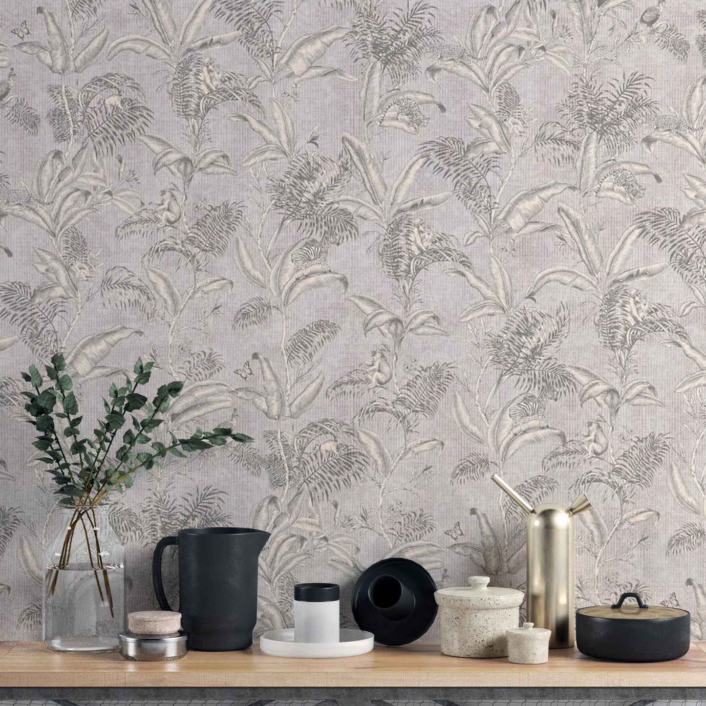Neutral Gray Tropical Foliage Wallpaper for Any Room