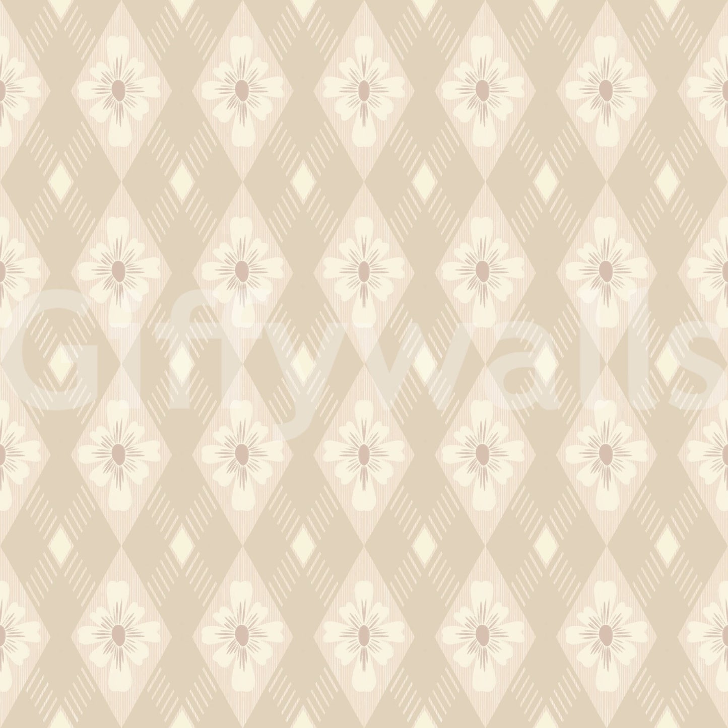 Diamond Bloom wallpaper close-up showing the beige diamond grid with cream four-petal flower blooms