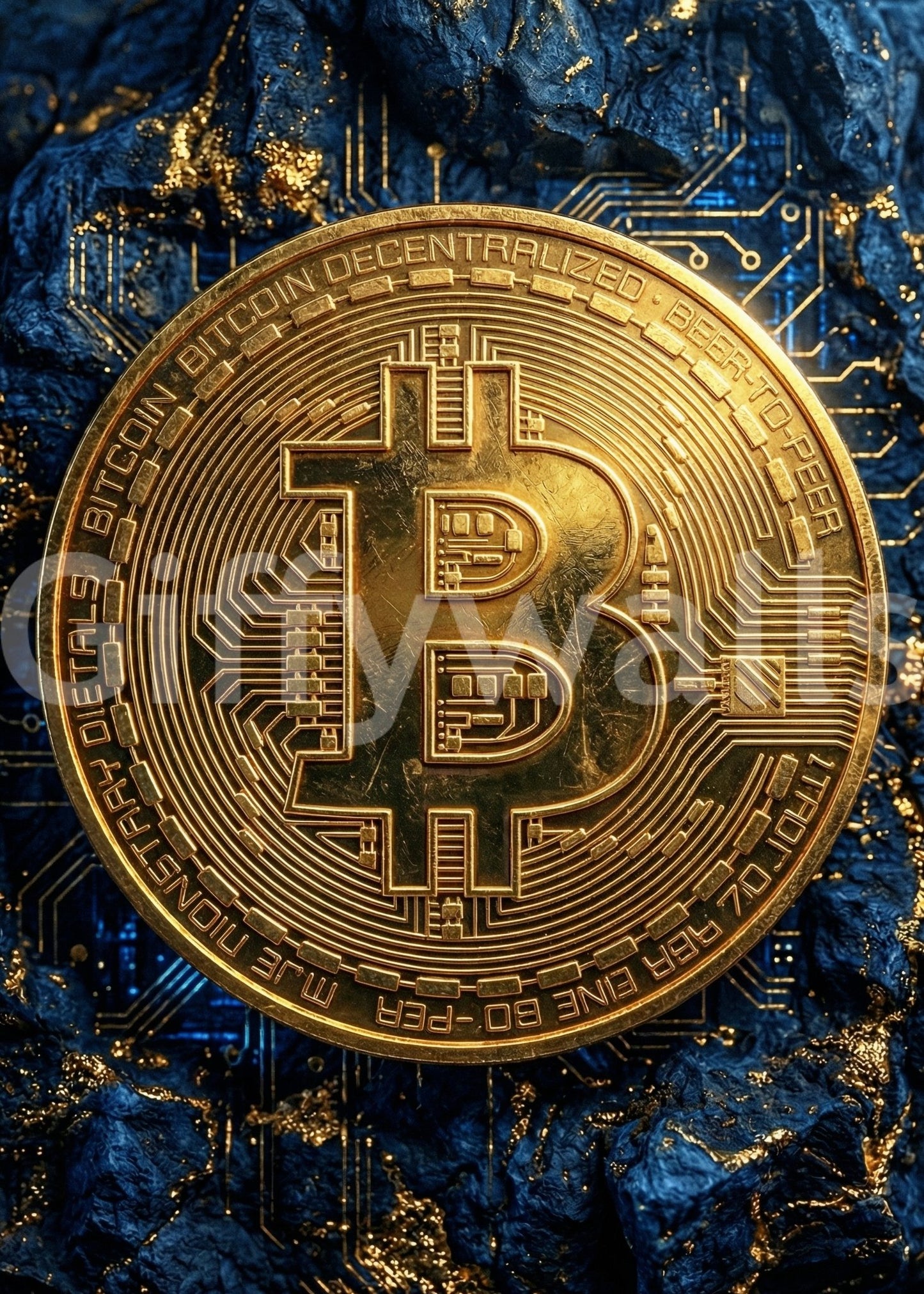Futuristic crypto wall mural with digital coin and circuit pattern