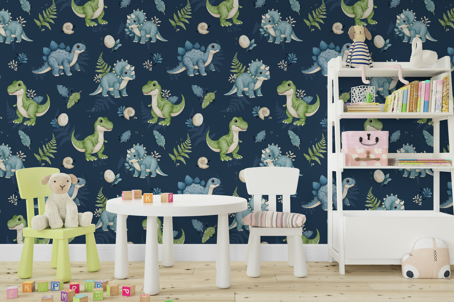 Modern peel and stick dinosaur wallpaper