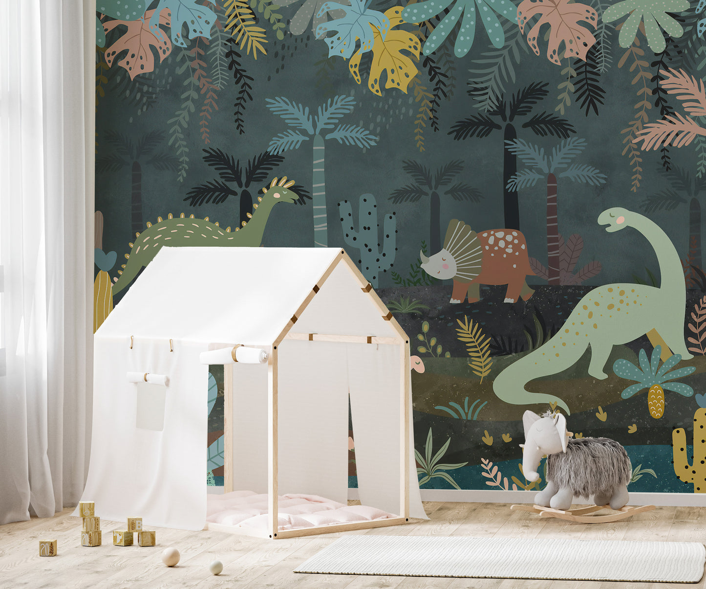 Nighttime jungle with dinosaurs