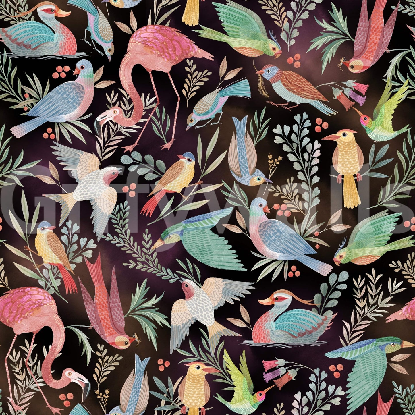 Dream Dark Birdwatcher's wallpaper close-up showing flamingos, doves and parrots among leaves on a black ground