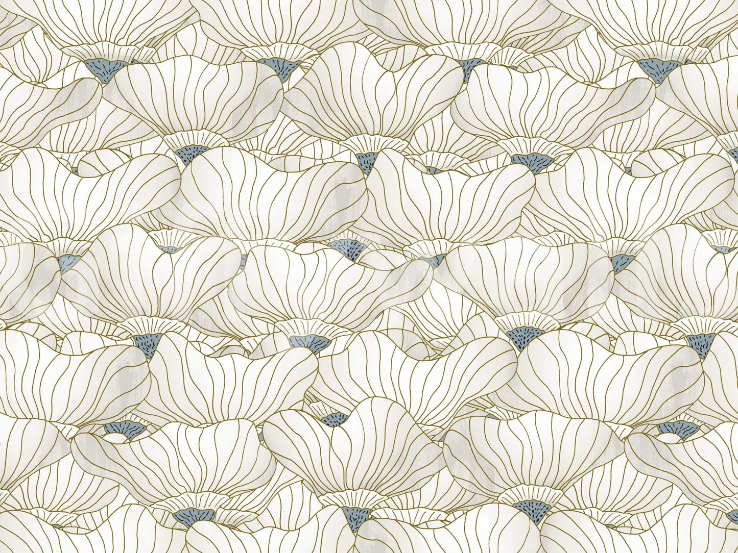 Dusty White Botanical Bloom Waves wallpaper close-up showing gold line-drawn lotus blooms with dusty-blue fan centres