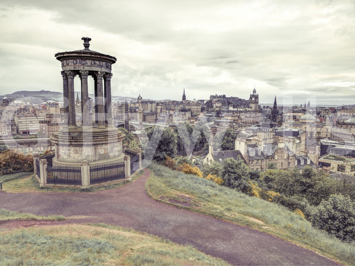 Dramatic Scottish atmosphere mural, distant Edinburgh castle impression.