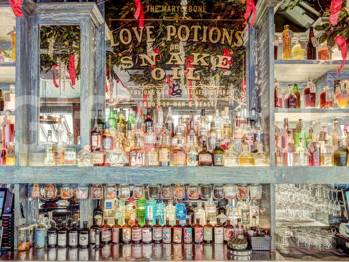 Stunning Elegant Bar Interior mural Illuminated bar view with diverse beverage selection.