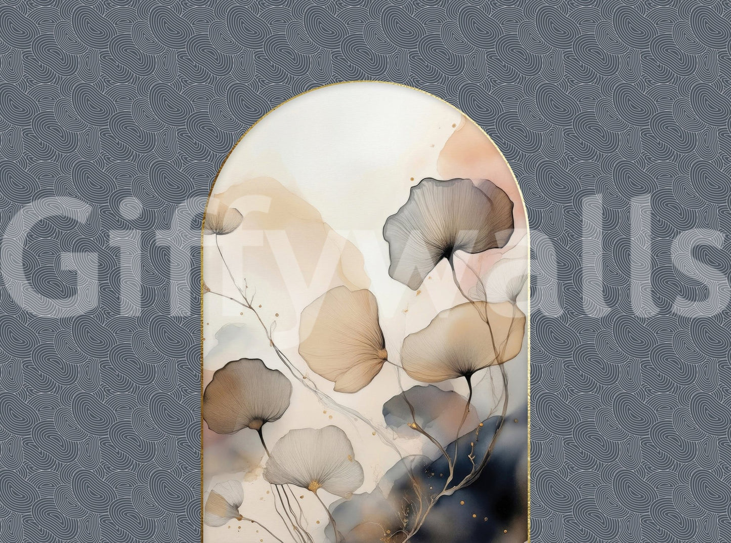 Elegant Floral Archway wallpaper mural shown as a full-wall gold arch of beige ink flowers on navy swirl background