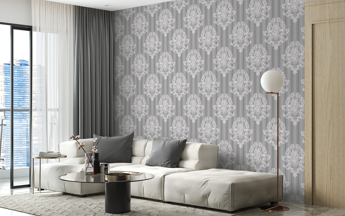 Grey and White Damask Wallpaper for bedrooms
