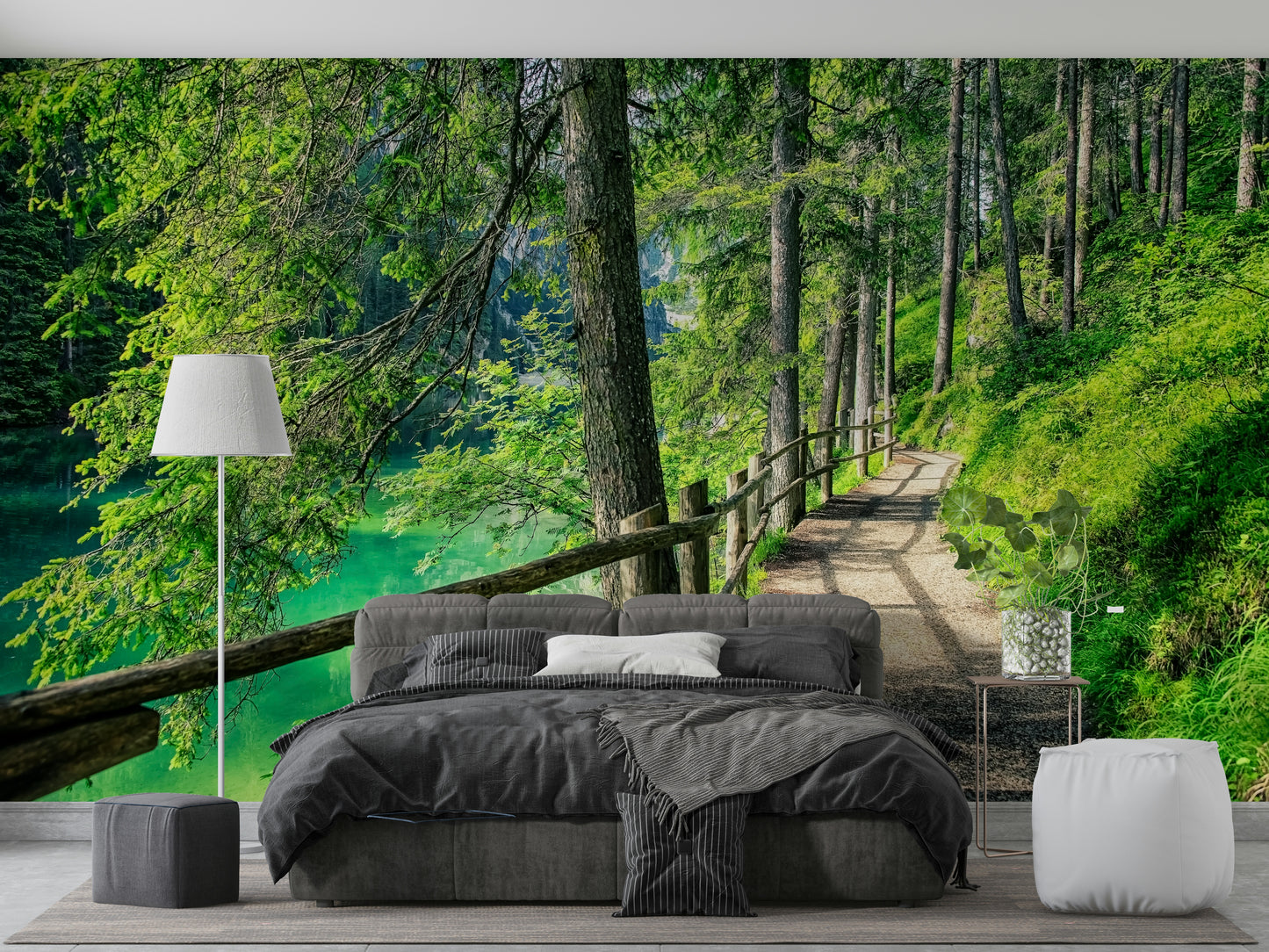 Relaxing emerald lake path wallpaper for peaceful décor