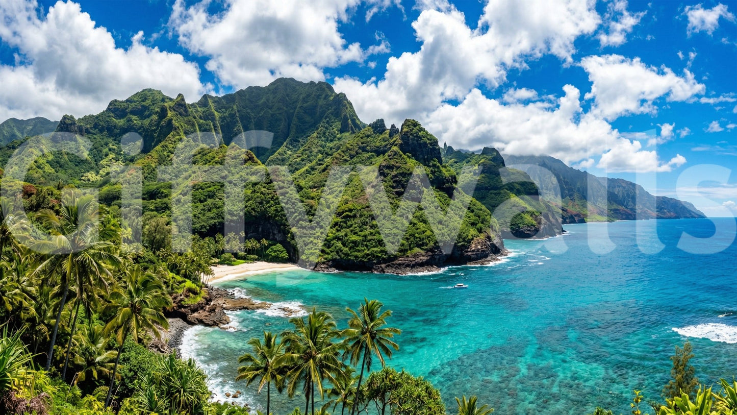 Tropical beach wall mural blue water emerald cliffs