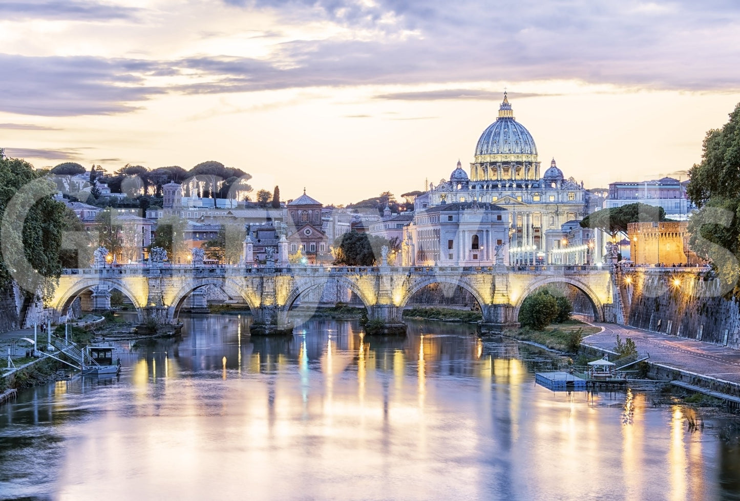 Eternal City Lights wallpaper mural shown as a close-up of St Peter's Basilica and the lit Tiber bridge at dusk