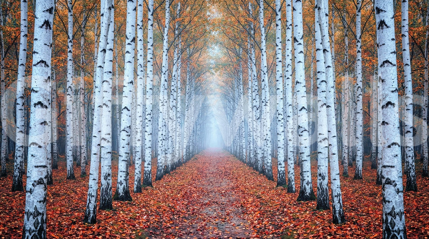 Autumn leaves mural with birch forest perspective