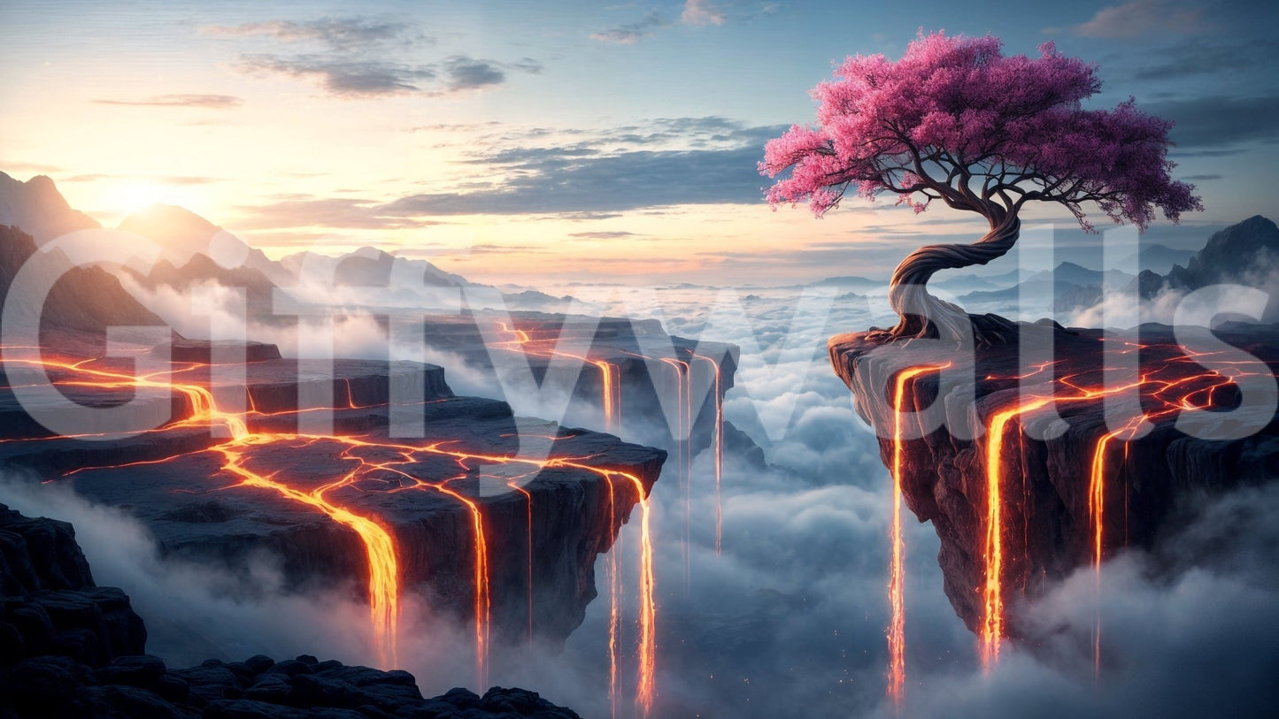 Ethereal Bloomscape wallpaper mural shown as a full-wall pink blossom tree on a cliff above glowing lava canyons