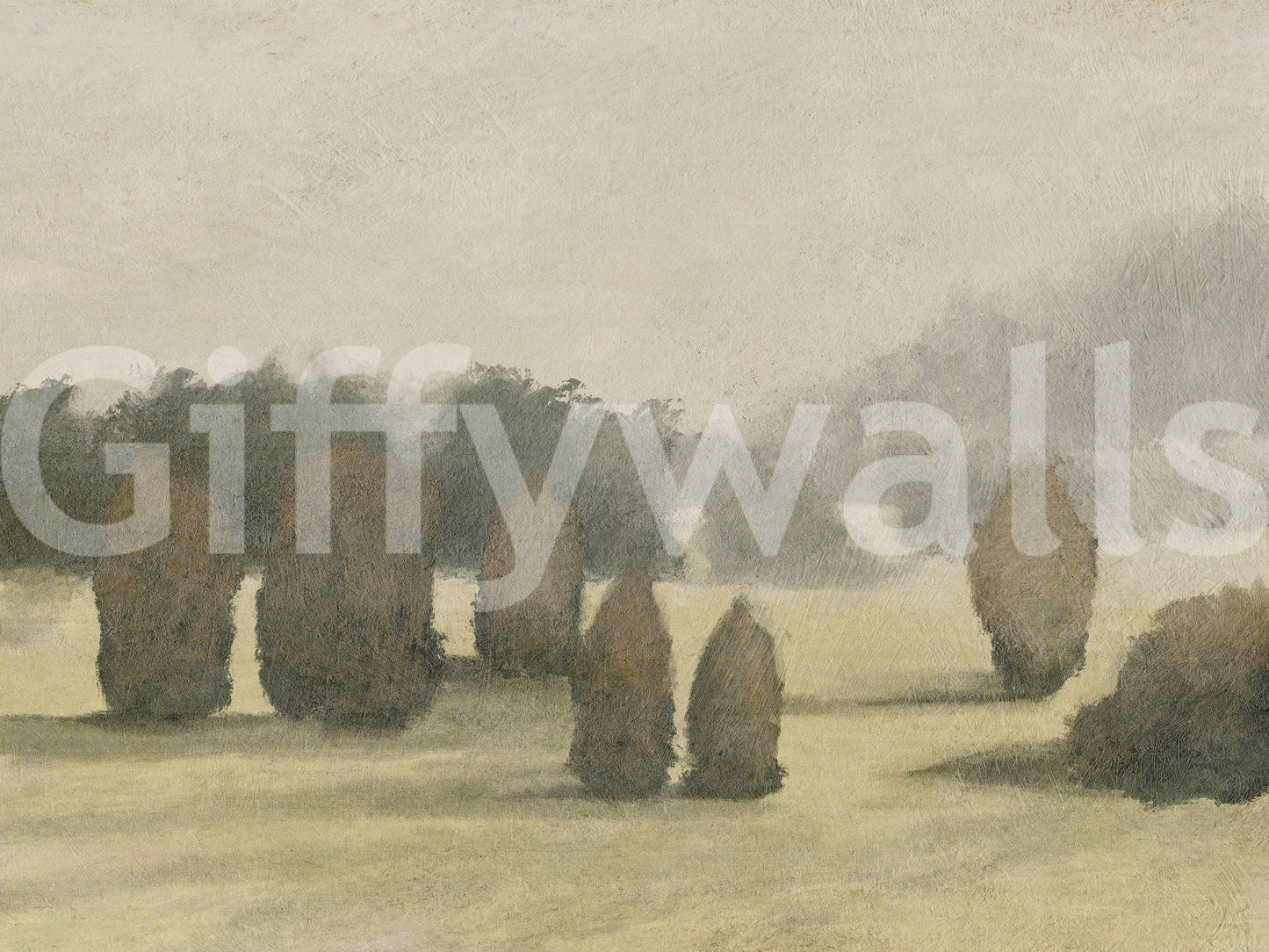 Ethereal Valley wallpaper mural close-up showing the misty meadow, muted green-and-brown trees and soft sky