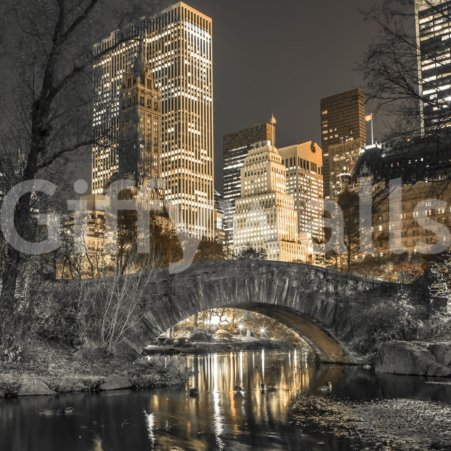 Tranquil Central Park evening mural with warm sky tones.