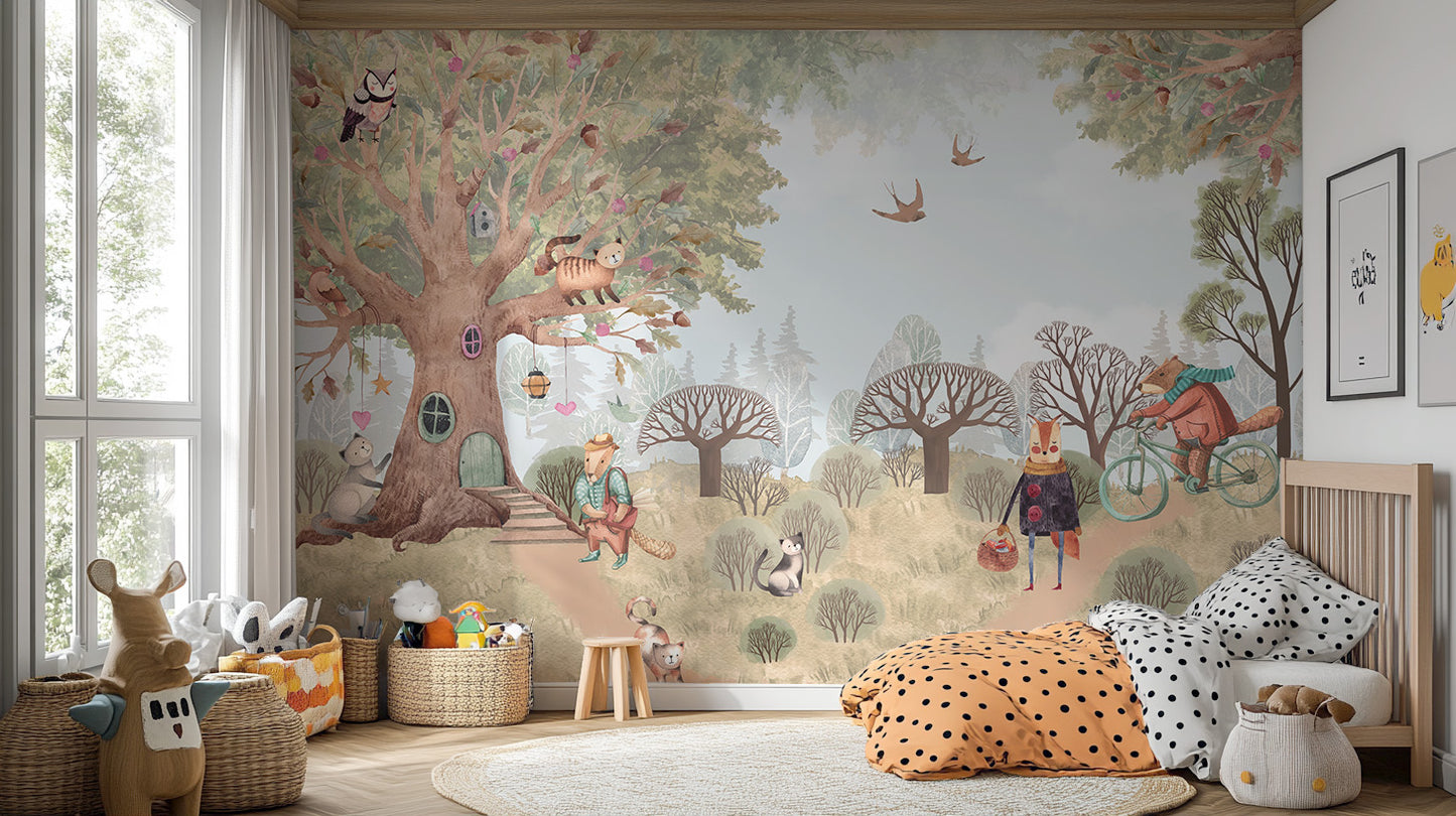 Fairy-tale Critter Countryside mural behind a wooden crib with polka-dot bedding and woven baskets in a kids room