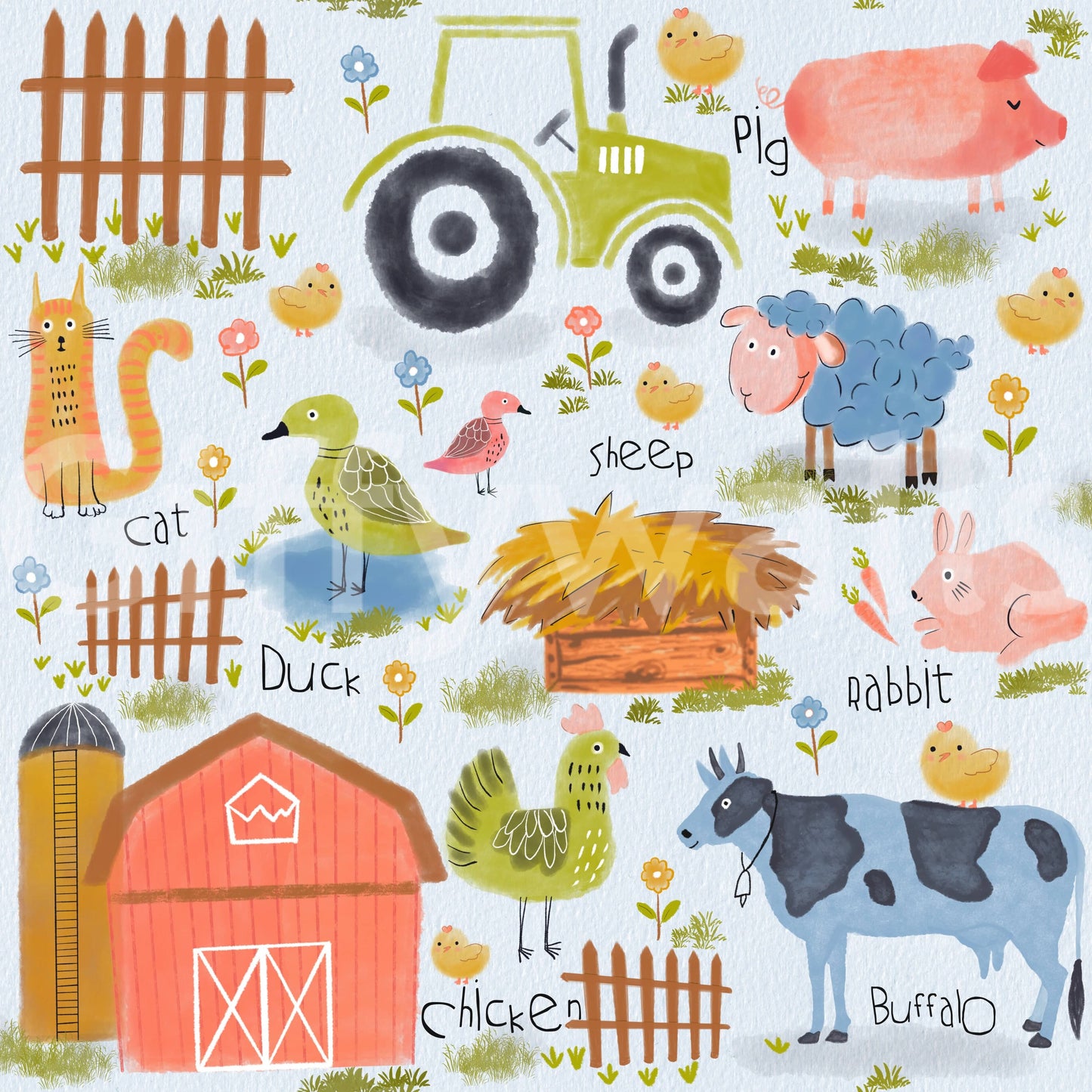 Farm Friends Fun wallpaper close-up of a red barn, green tractor, pig, cow and sheep in watercolour