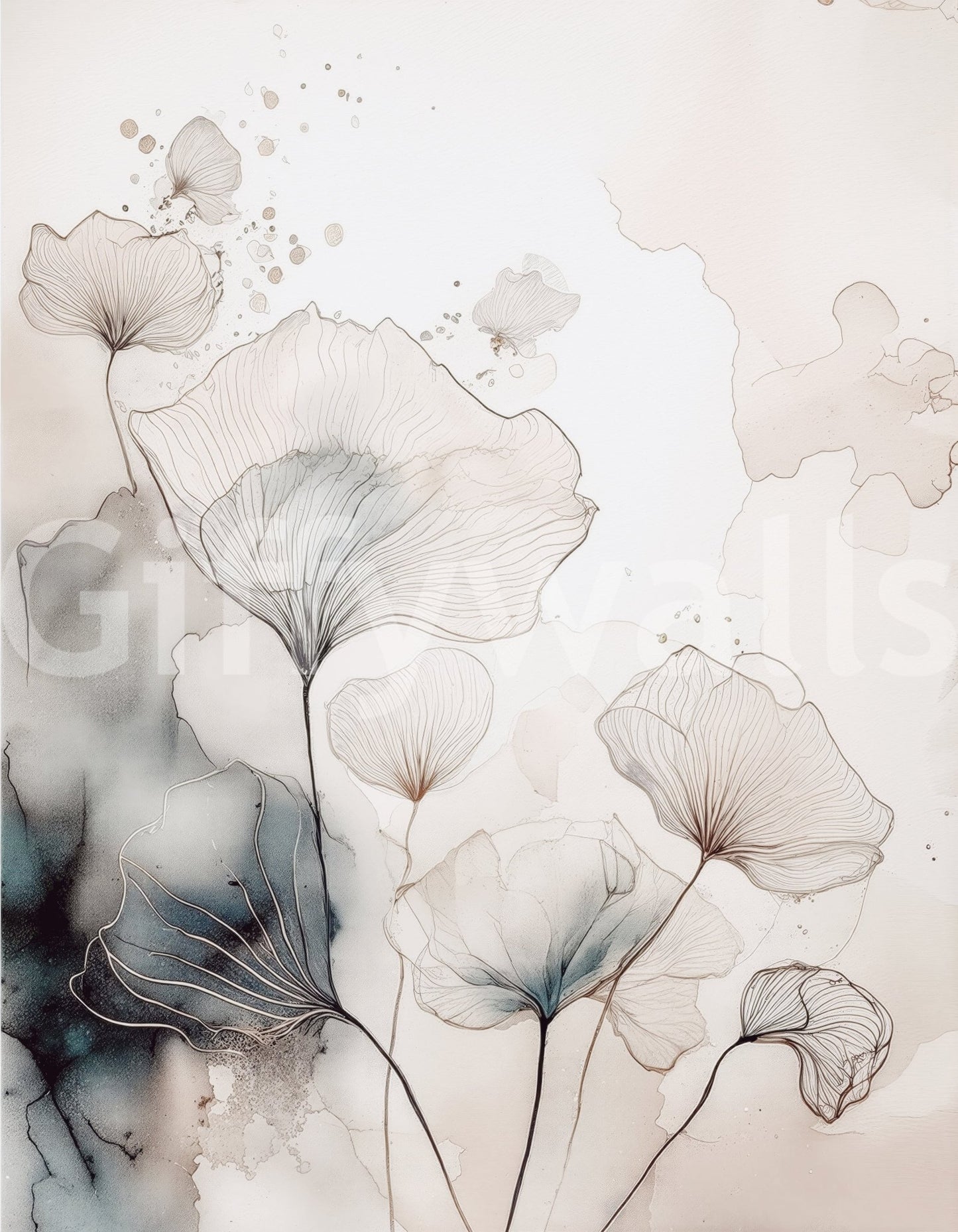 Fine Ink Wash Flowers Wall Mural