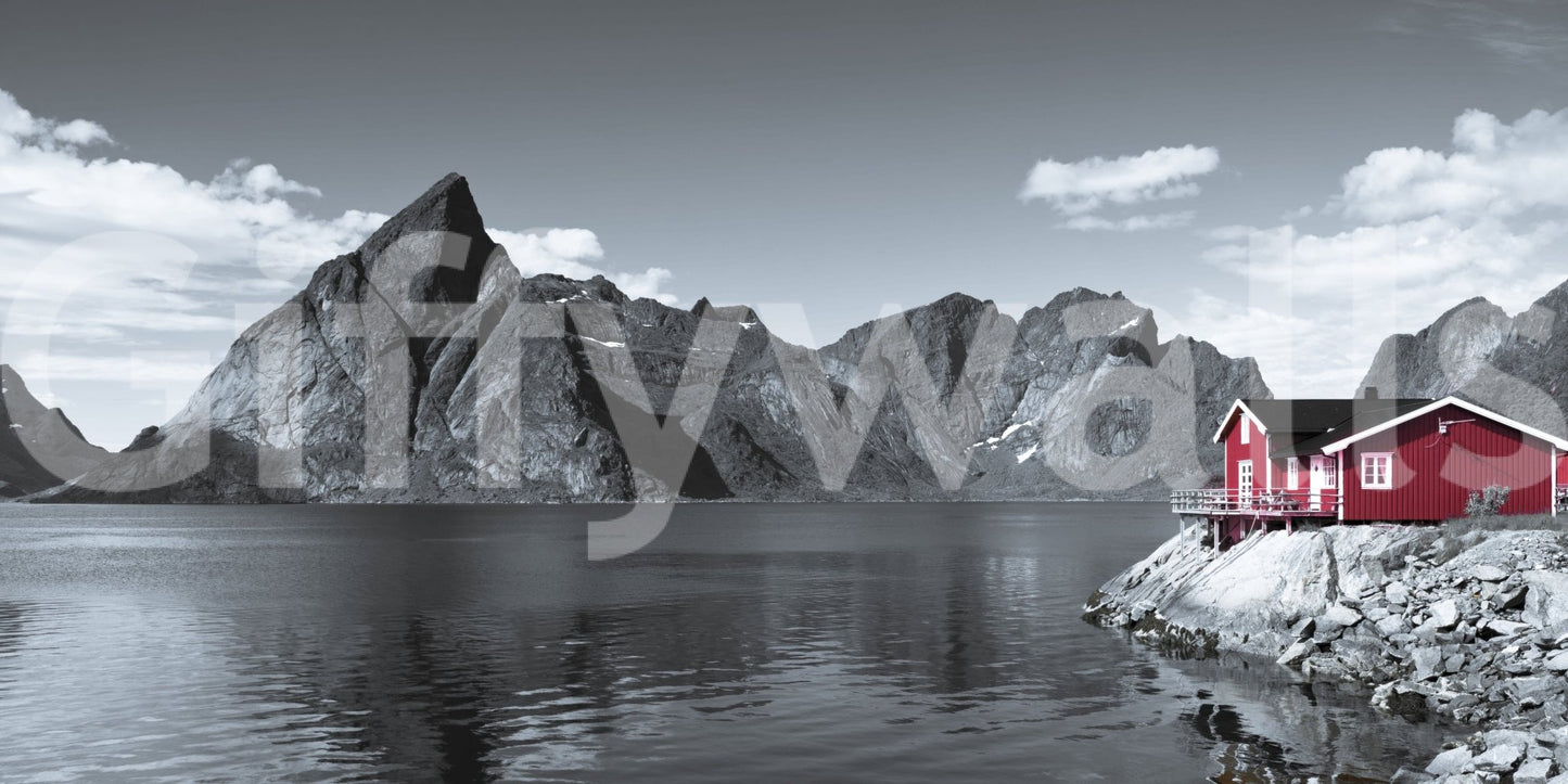 Panoramic fjord mural featuring sharp mountain ridges and a quaint red home on rocky shoreline.