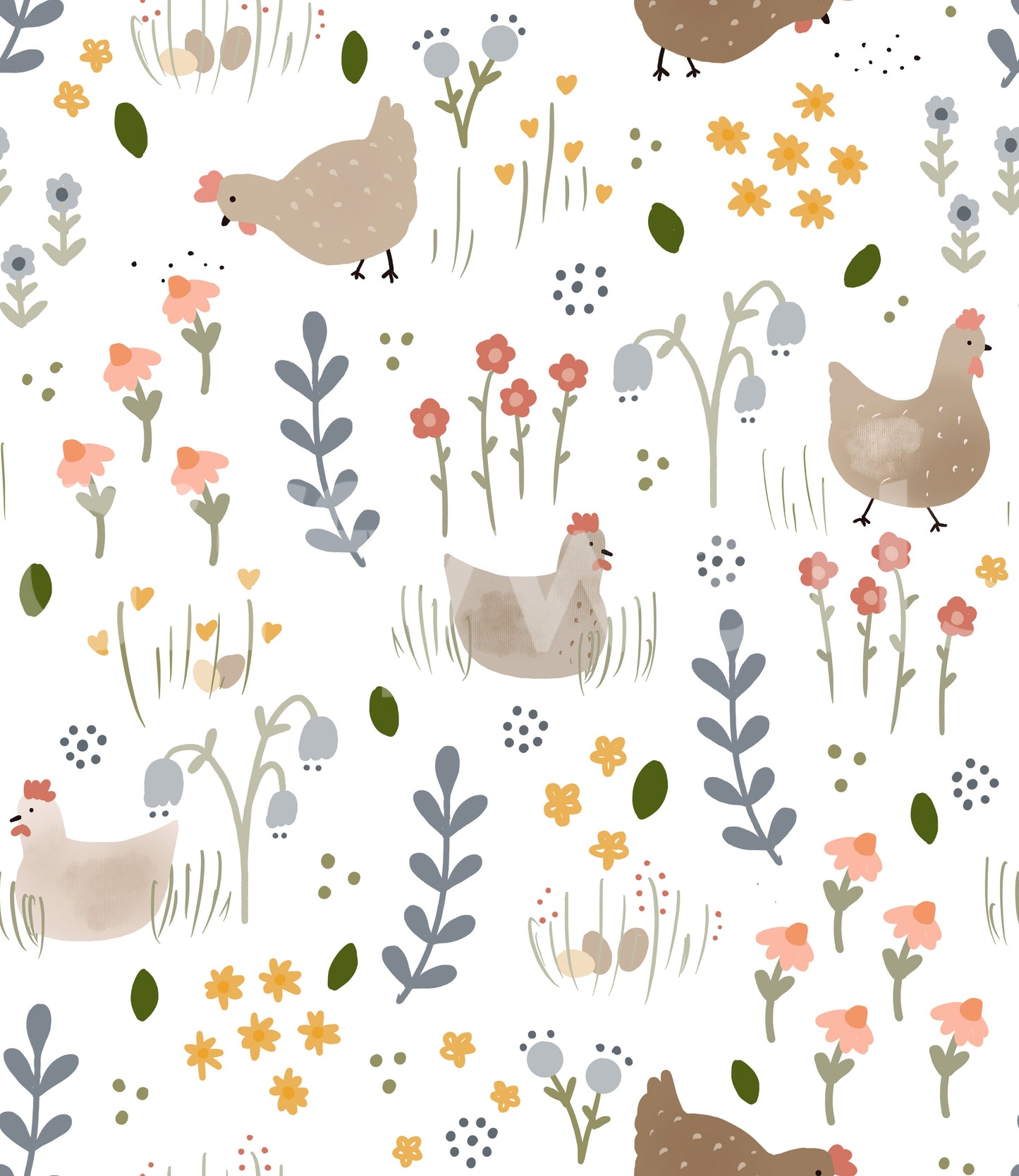 Floral Chicken wallpaper close-up showing beige hens among coral, pink and yellow wildflowers on a white background