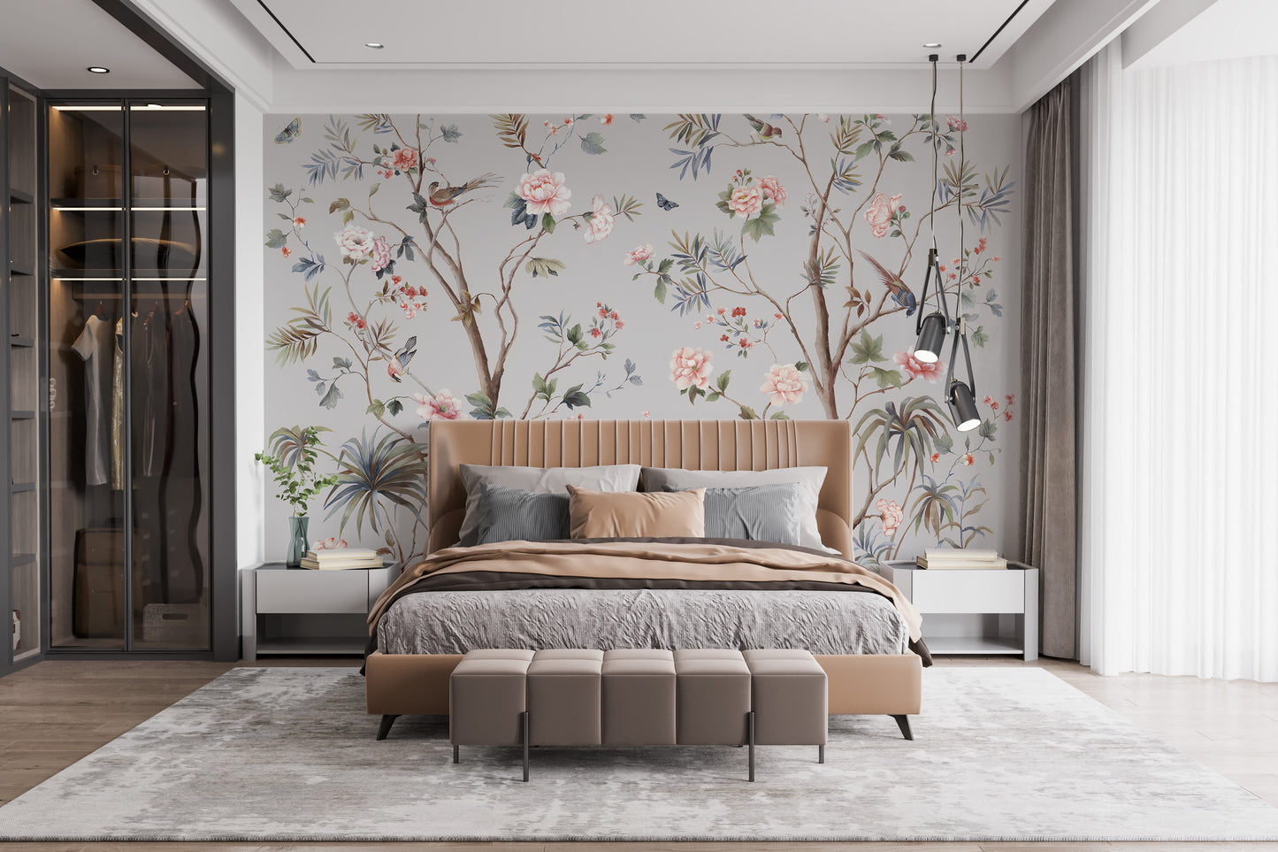Chinoeserie Floral design wallpaper mural with flowering trees and birds behind a tan upholstered bed in a bedroom
