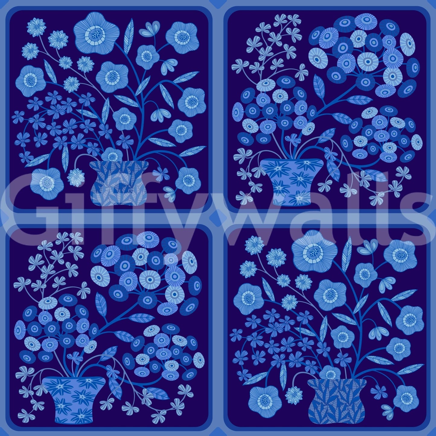 Hallway wall decor using blue and white floral tile wallpaper, bouquet repeats, clean structured design